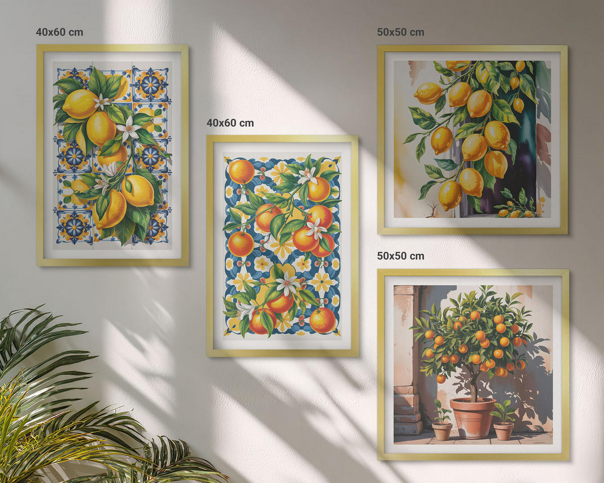 WANDBILDER 4er Set - 50x50 cm & 40x60 cm Goldrahmen - Farbenfrohe abstrakte Zitrusfrüchte - Goldfarben, Kunststoff (50/50cm) - ArtPrintCave