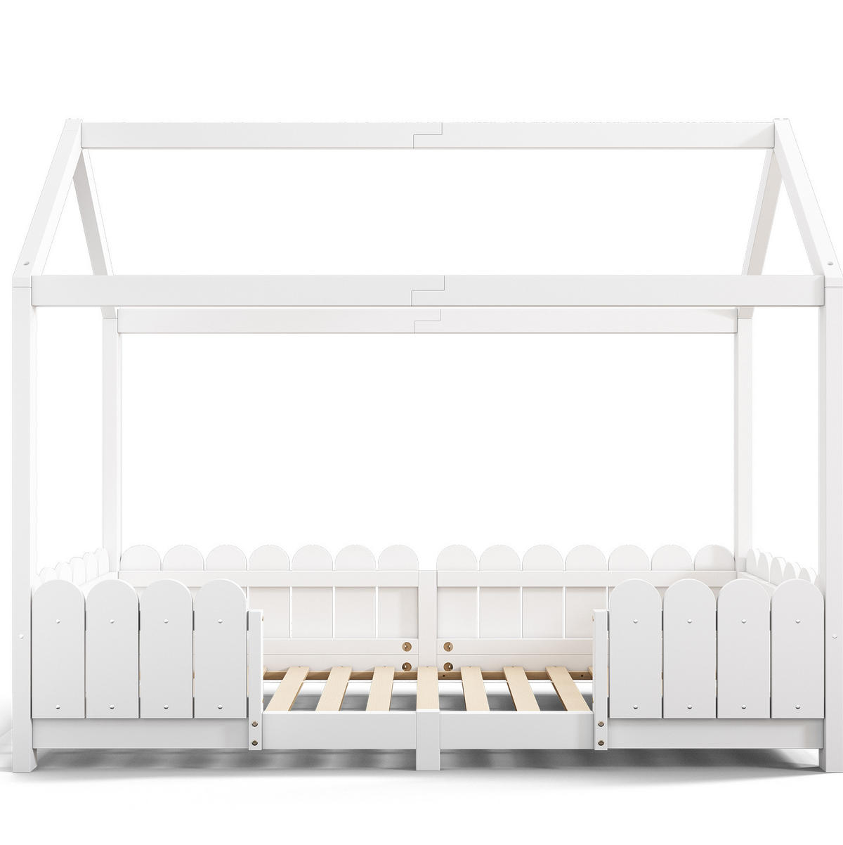 HAUSBETT 90/200 cm in Weiß – mit Dach und Rausfallschutz - Weiß, Holz (90/200cm) - BEAOK