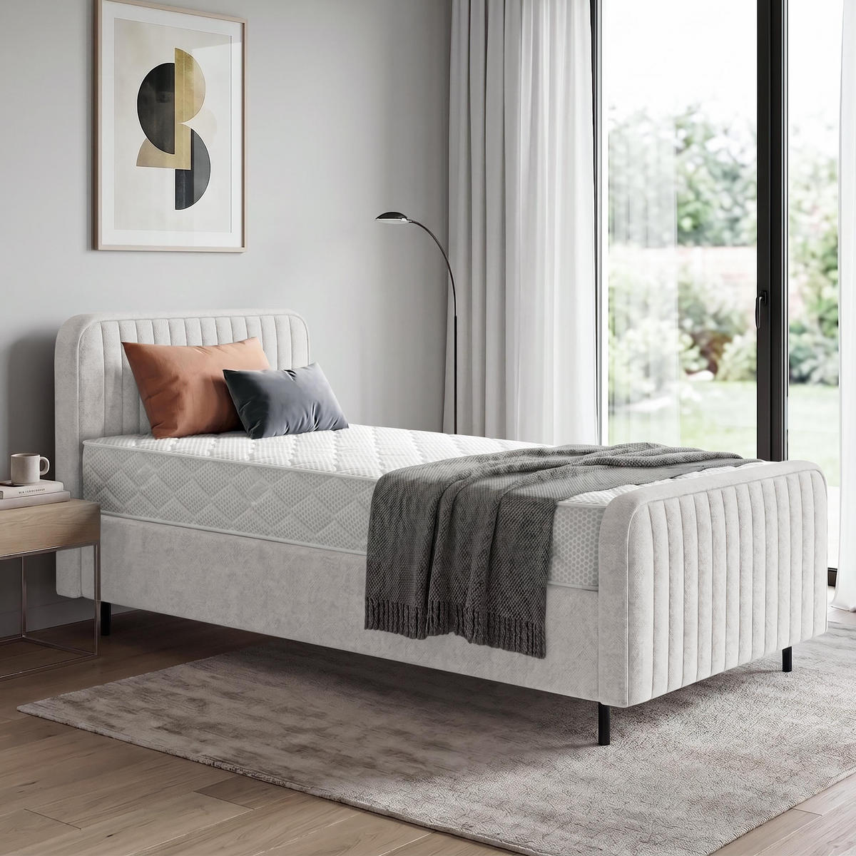 POLSTERBETT Lami 90x200, Einzelbett mit Bettkasten und Taschenfedernmatratze 20 cm, Creme - Creme/Schwarz, Textil/Metall (90/200cm) - Beautysofa