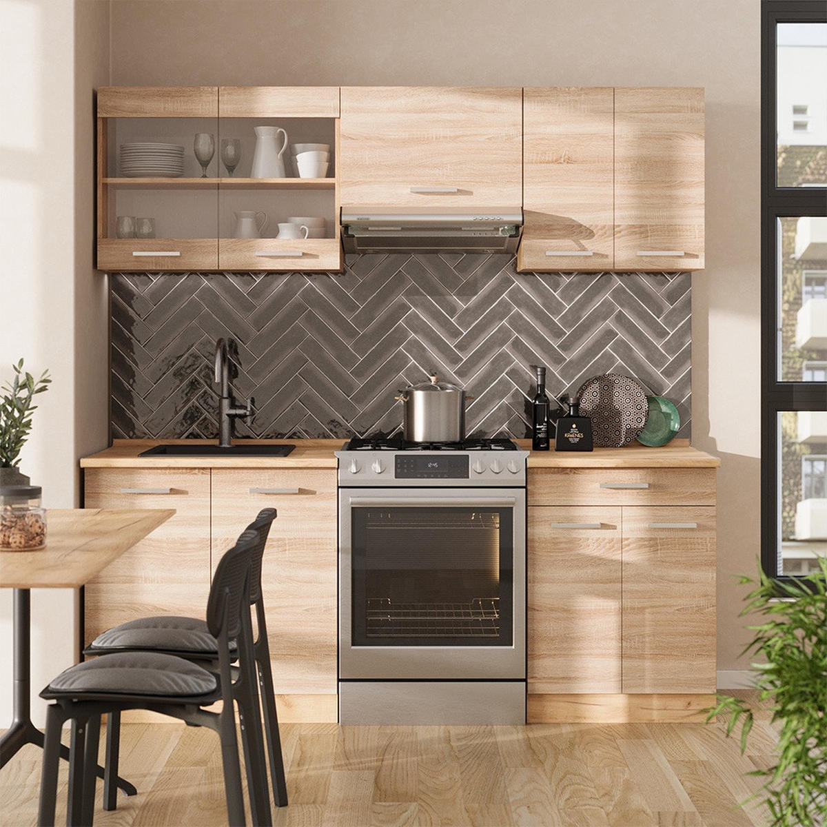 KUCHYNSKÝ KÚT R-Line Dub Sonoma/Goldkraft 200 cm , AP Marble - dub medový/dub sonoma, kompozitné drevo (200/81.6/60cm) - Vicco
