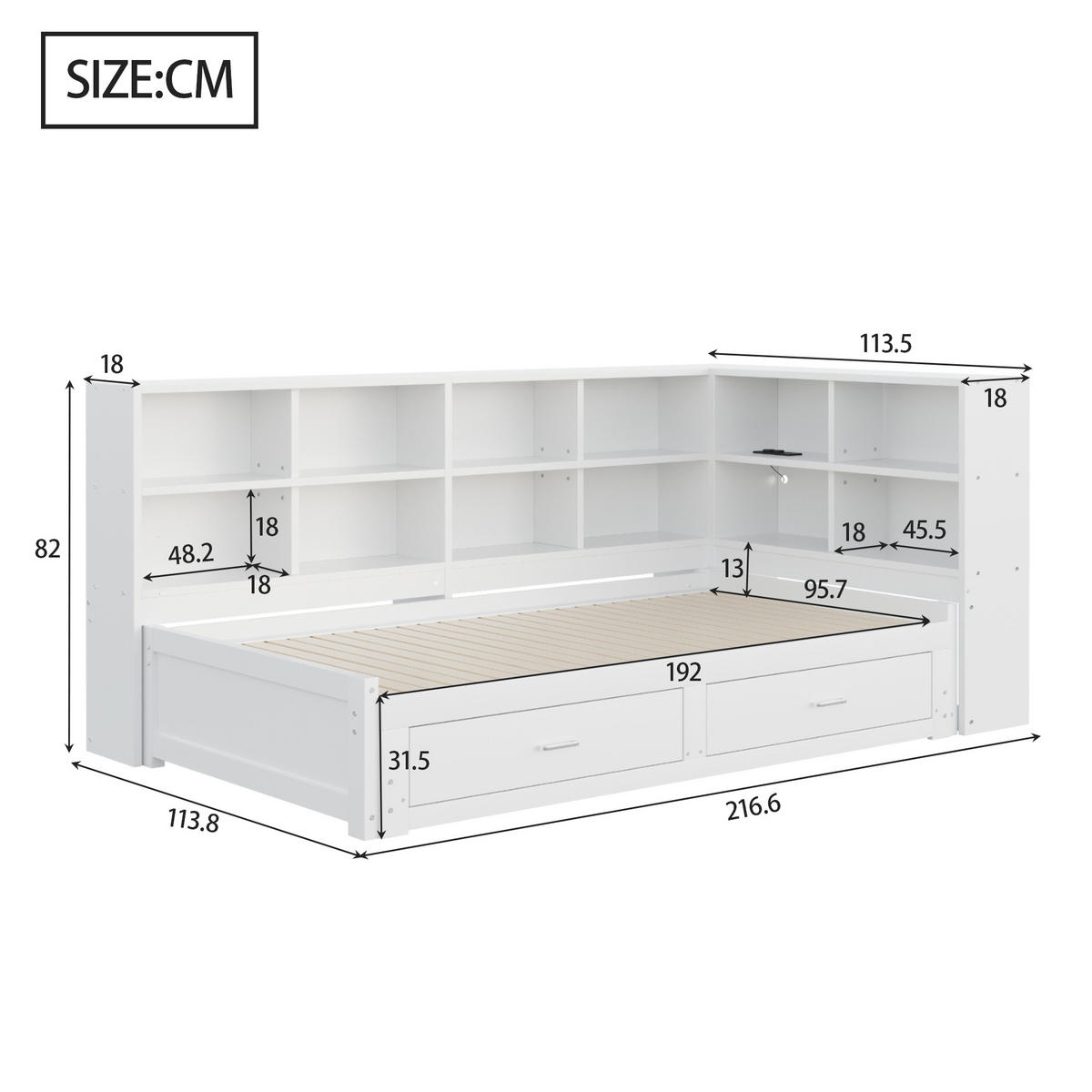 JUGENDBETT 90/180x190cm mit Ausziehbett，Weiß - Weiß, Holz (90/190cm) - KOMHTOM