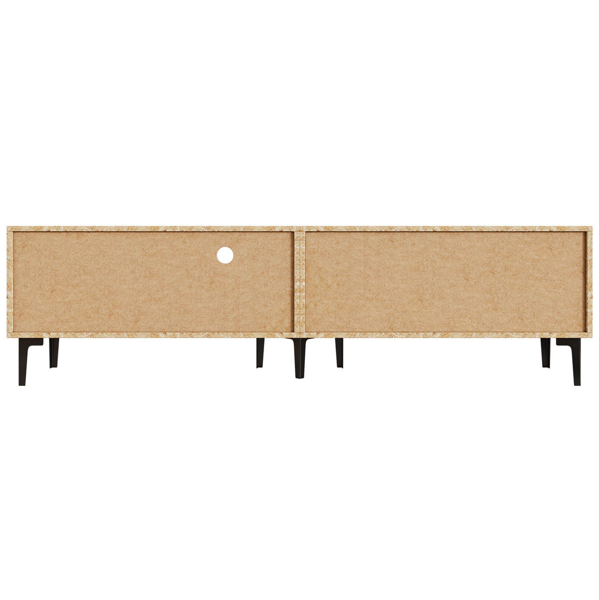 TV stolek 180/35/49 cm s otevřenými policemi a 3 skříňkami, stabilní konstrukce, Dub/černá - černá, kompozitní dřevo (180/49/35cm) - Redom