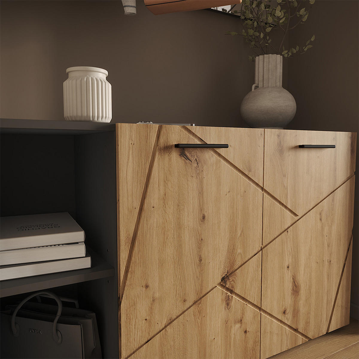 GARDEROBE Irma Anthrazit/Artisan 106 x 63 cm Set mit Schuhschrank und Wandgarderobe mit Spiegel - Anthrazit, Holzwerkstoff (106/63/37cm) - Vicco