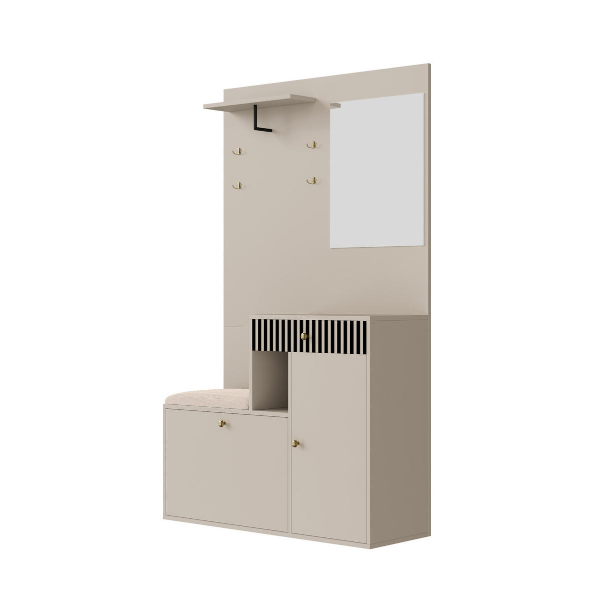 GARDEROBENSET 110/37/185,5 cm mit Spiegel, gepolsterter Sitzfläche, Soft-Close und verstellbaren Regalen, Beige/Creme - Beige, Holzwerkstoff (110/185.5/37cm) - Redom