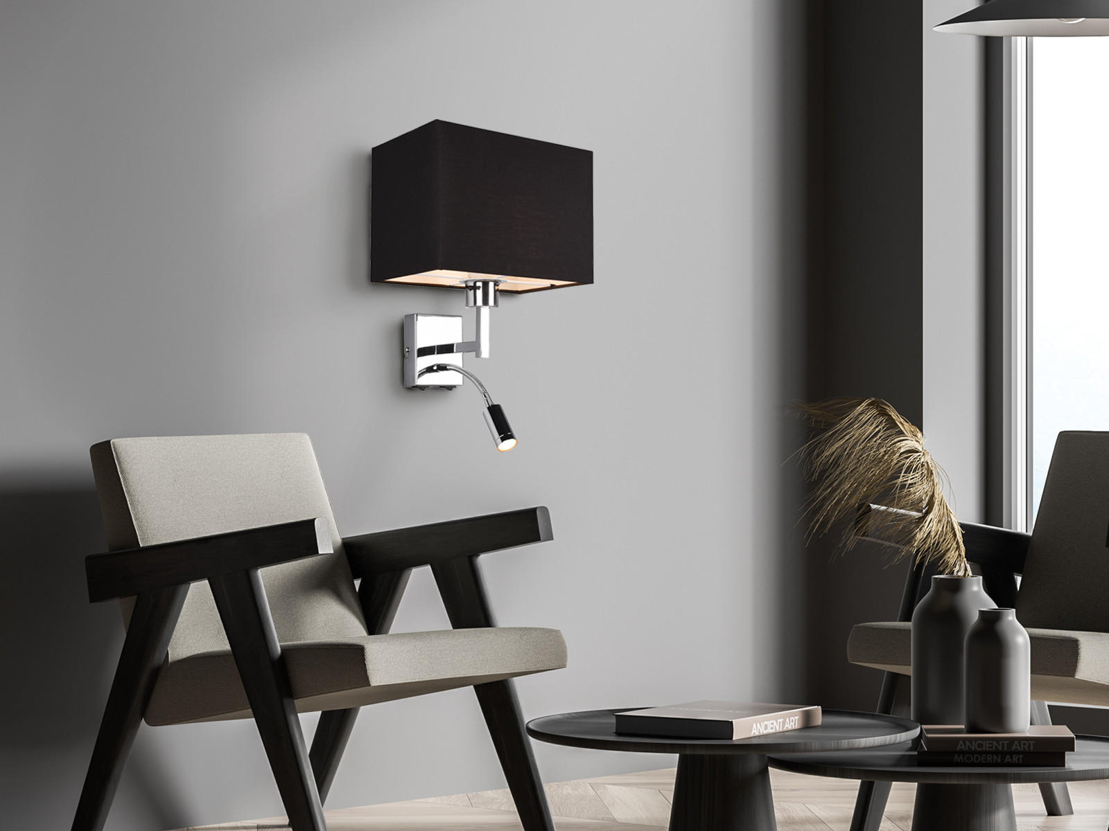 WANDLAMPE mit Schalter & Leselampe Schwarz, Höhe 31cm - Schwarz, Textil/Metall (25/31/24cm) - meineWunschleuchte