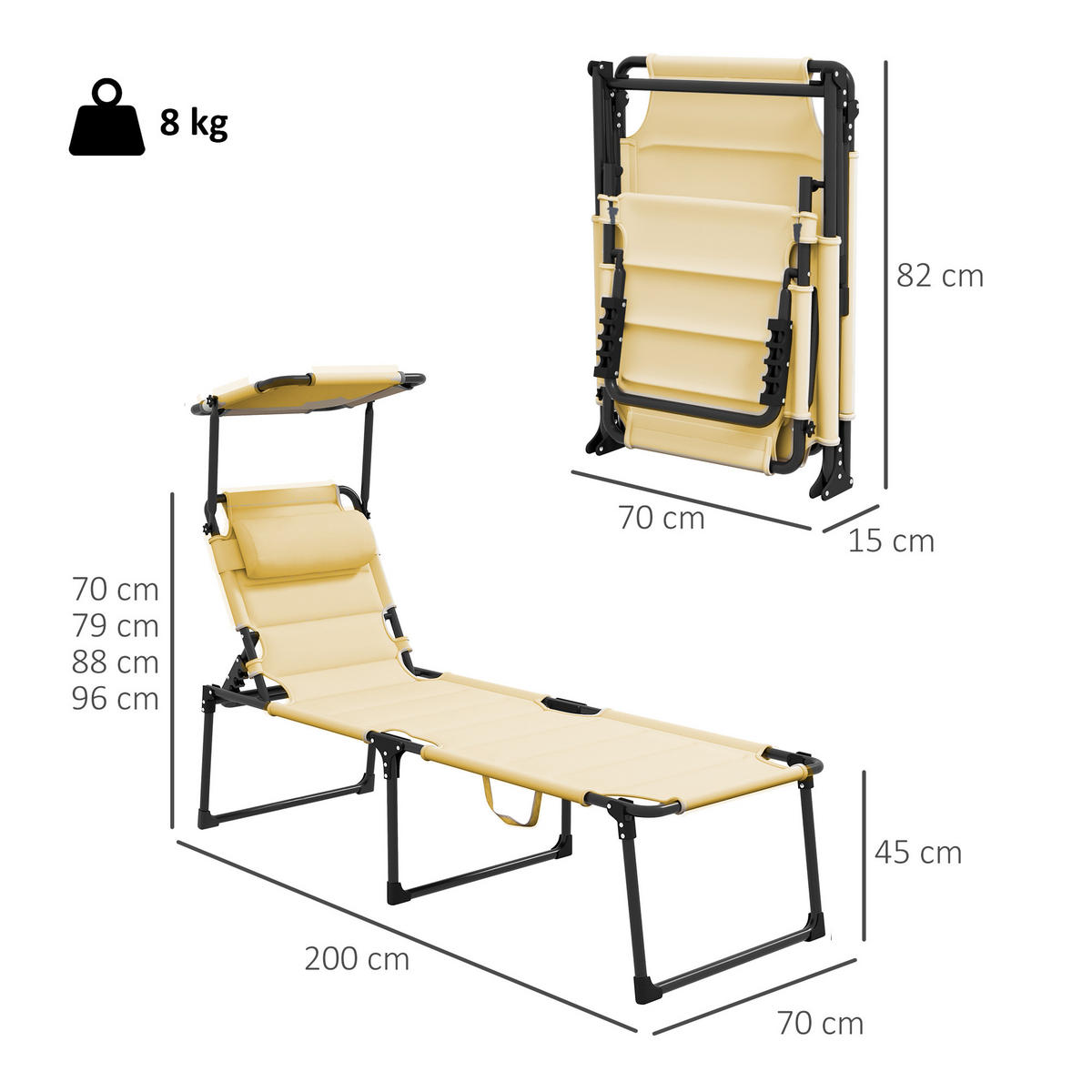 SONNENLIEGE DE-15640 70/200/45 cm mit Sonnendach & Kopfkissen Creme - Creme, Metall (70/45/200cm) - ComfortXL