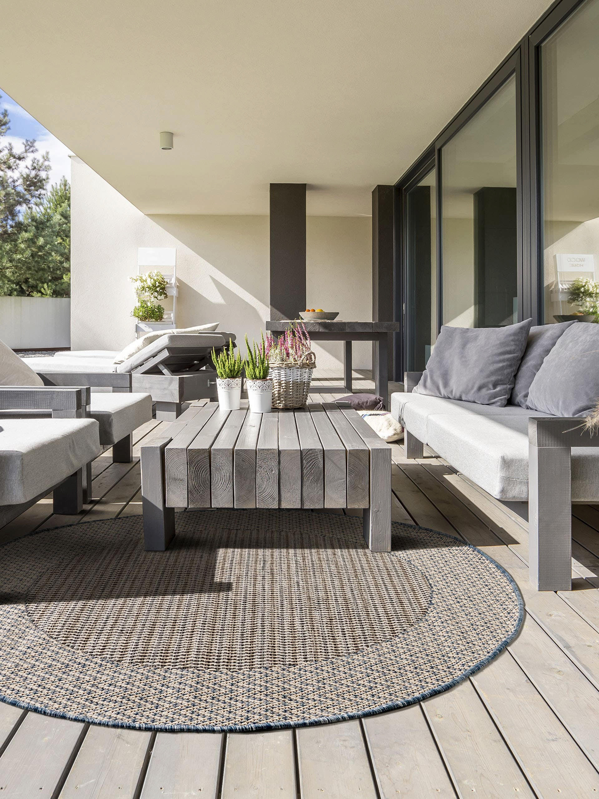 Outdoorteppich rund River Beige/Blau ø 130 cm rund - Beige, Textil (130/130cm) - benuta Nest