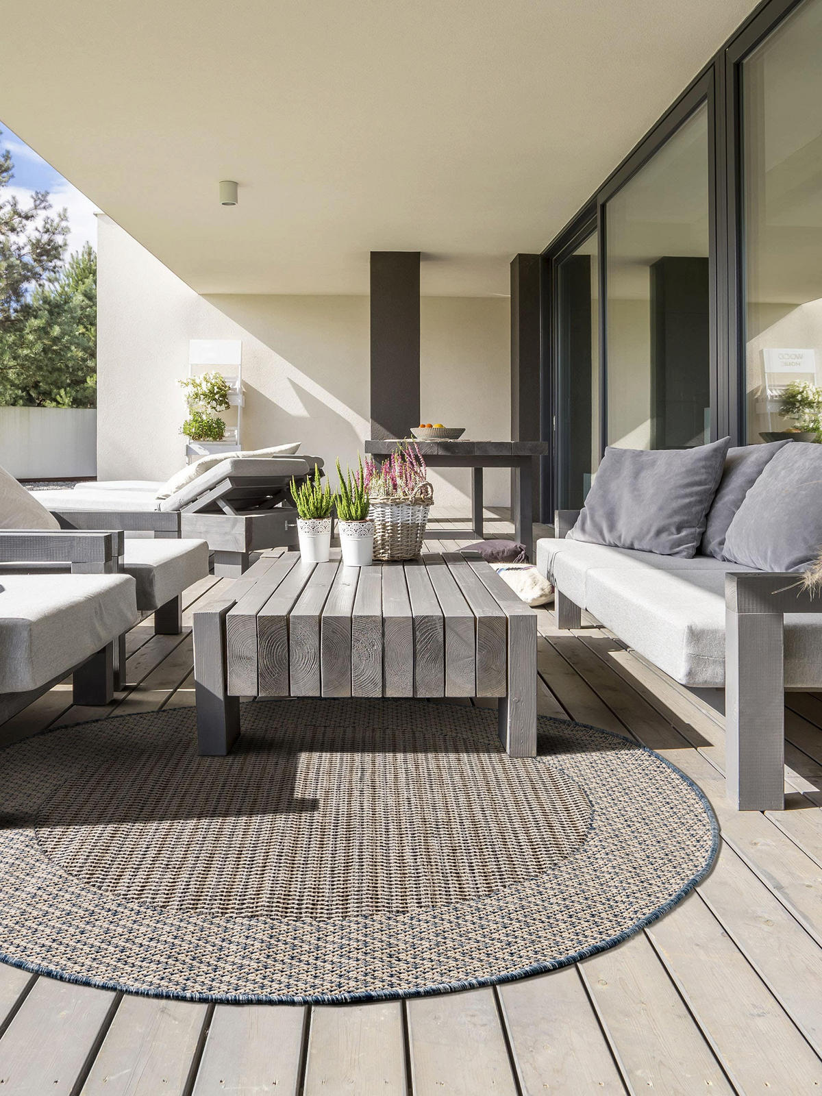 OUTDOORTEPPICH rund River Beige/Blau ø 130 cm rund - Beige, Textil (130/130cm) - benuta Nest