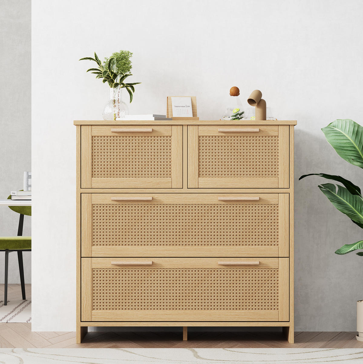 KOMODA z MDF a masivního dřeva 80x80x38 cm přírodní se 4 zásuvkami, ratanovým čelem a ochranou proti převrácení - přírodní, kompozitní dřevo (38/80/80cm) - Modfu