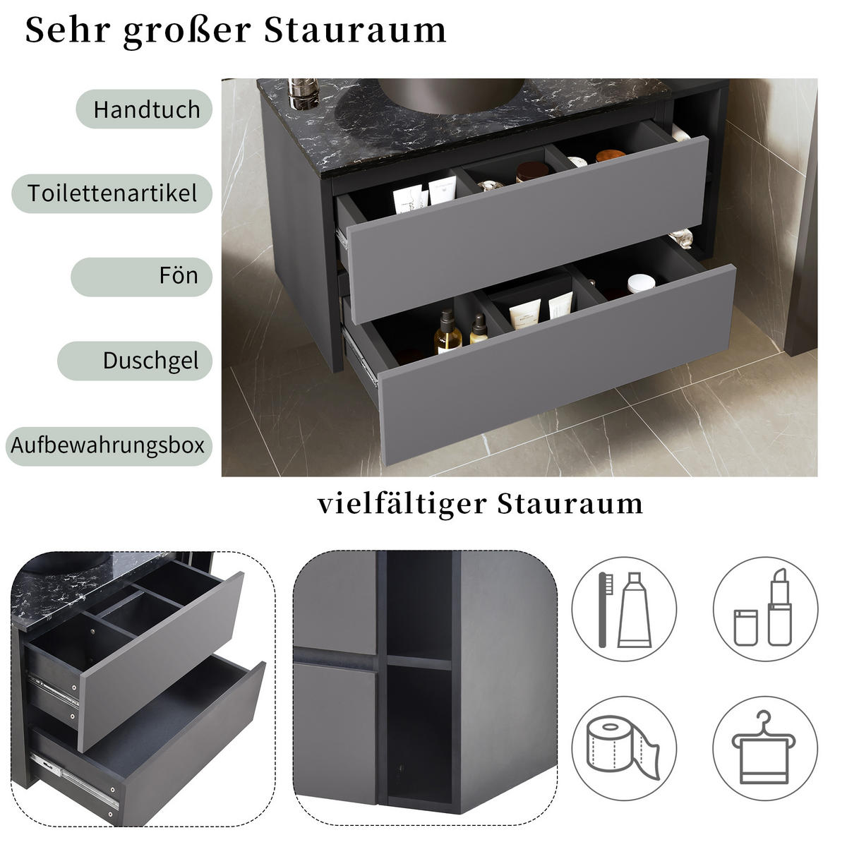 BADEZIMMERSCHRANK mit Marmorplatte 80x44x48.5 cm Schwarz mit rundem Becken & Schubladen - Schwarz, Holzwerkstoff (80/48.5/44cm) - Modfu