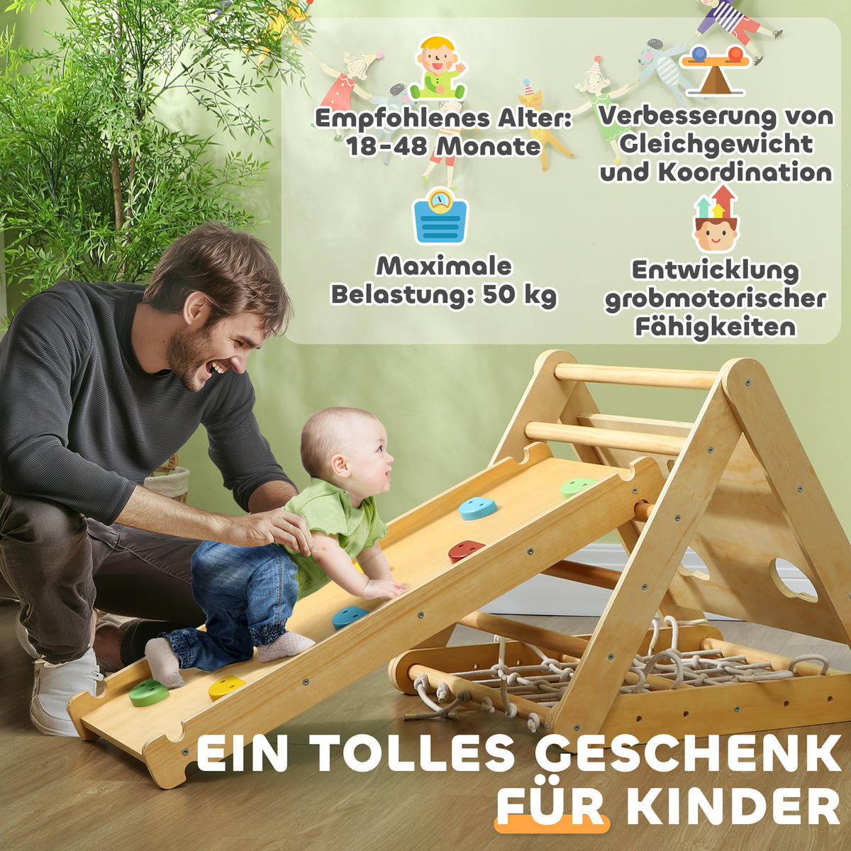 KLETTERGERÜST Indoor, 7 in 1 Kletterdreieck mit Rutsche Kletterbogen Rampe Holz - Multicolor, Holz (62.5/57/168cm) - AIYAPLAY