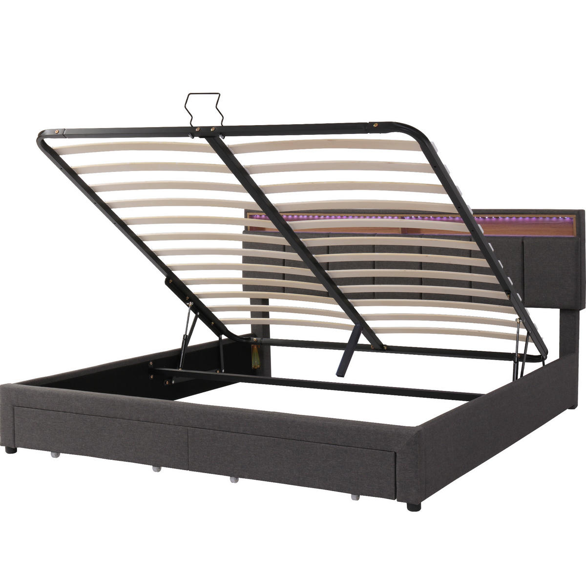 BETT mit LED und Stauraum 160x200 cm Leinenoptik Dunkelgrau - Dunkelgrau, Metall (160/200cm) - Meubliv
