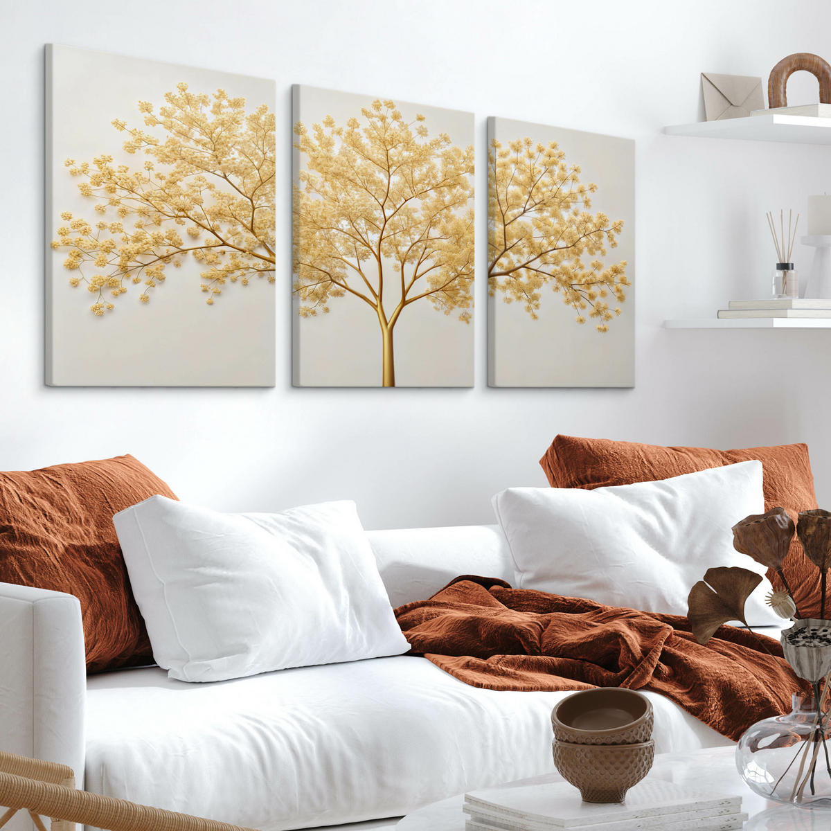 LEINWANDBILDER 3-es Set Abstrakte Baum - Beige/Weiß, Textil (90/40cm) - Muralo