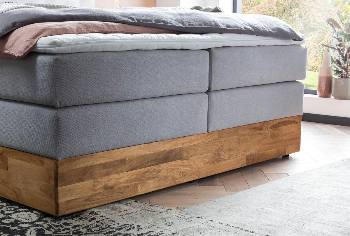 BOXSPRINGBETT MARBO 180x200 Hellgrau H2 und H3 mit Bettkasten 7-Zonen Taschenfederkern Matratze inkl. Visco Topper und Eiche - Hellgrau, Textil (180/200cm) - Belanoti