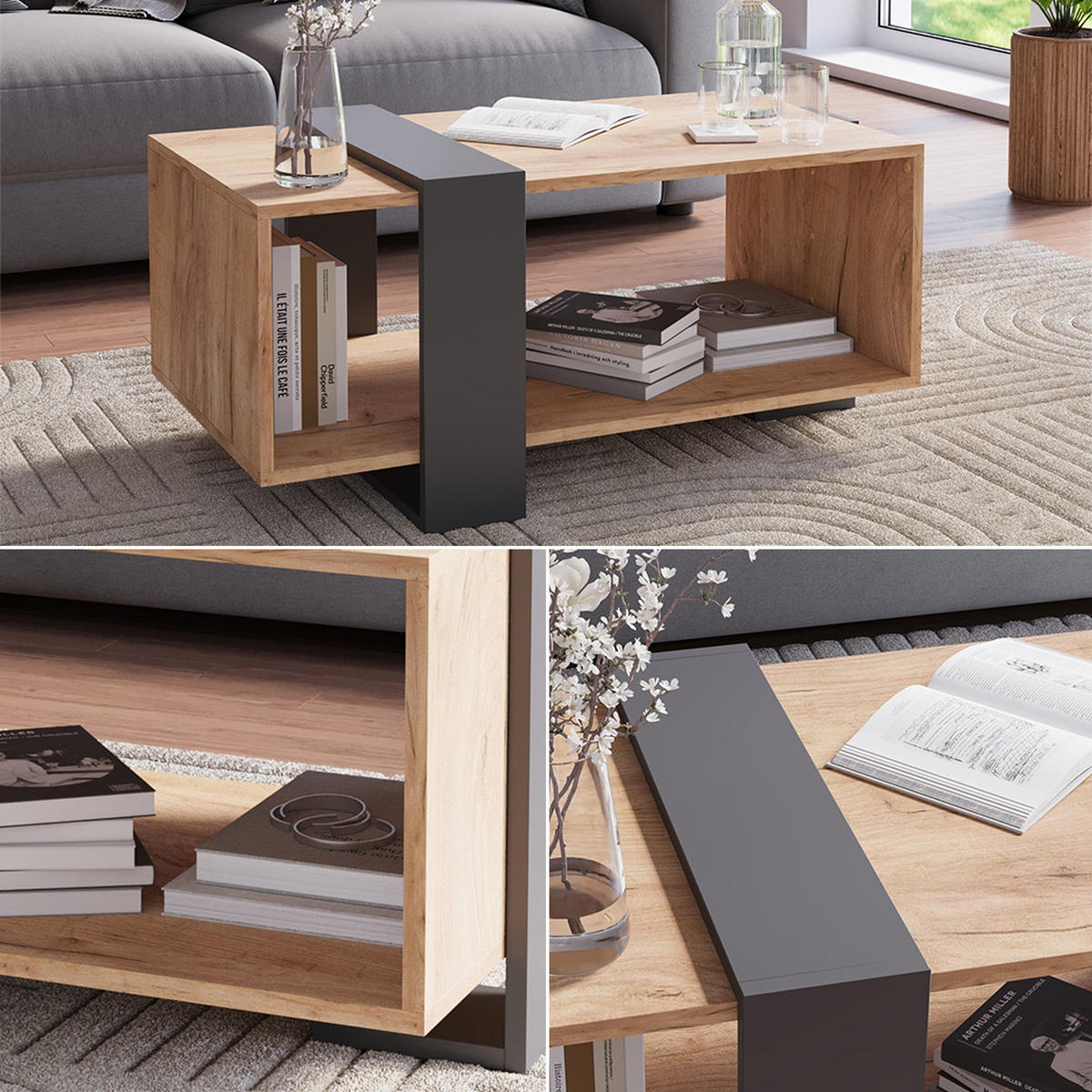 COUCHTISCH Aven Anthrazit/Goldkraft Eiche 91.5 x 52 cm - Honigeiche/Anthrazit, Holzwerkstoff (52/91.5/42.1cm) - Vicco