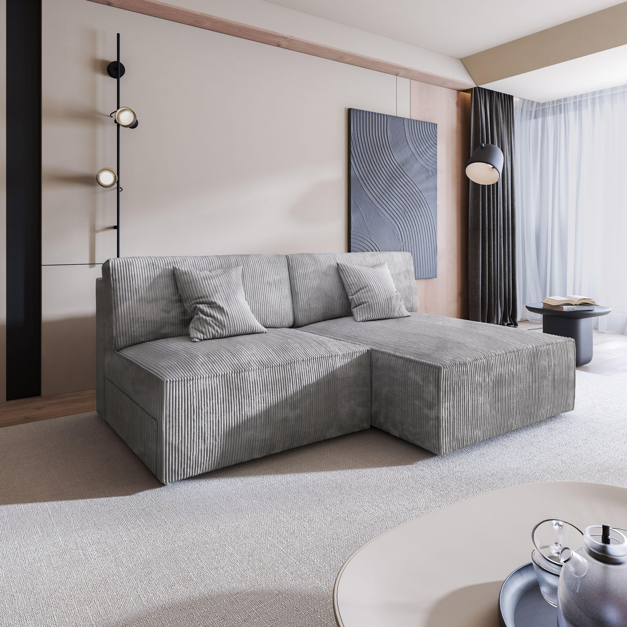 ECKSOFA FIORO P Hellgrau Kordstoff mit Schlaffunktion - Hellgrau, Holz (204/148cm) - MASSENO