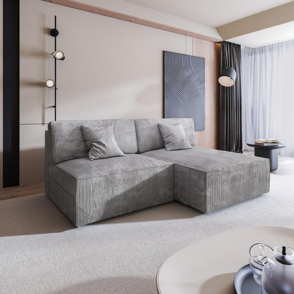 ECKSOFA FIORO P Hellgrau Kordstoff mit Schlaffunktion - Hellgrau, Holz (204/148cm) - MASSENO