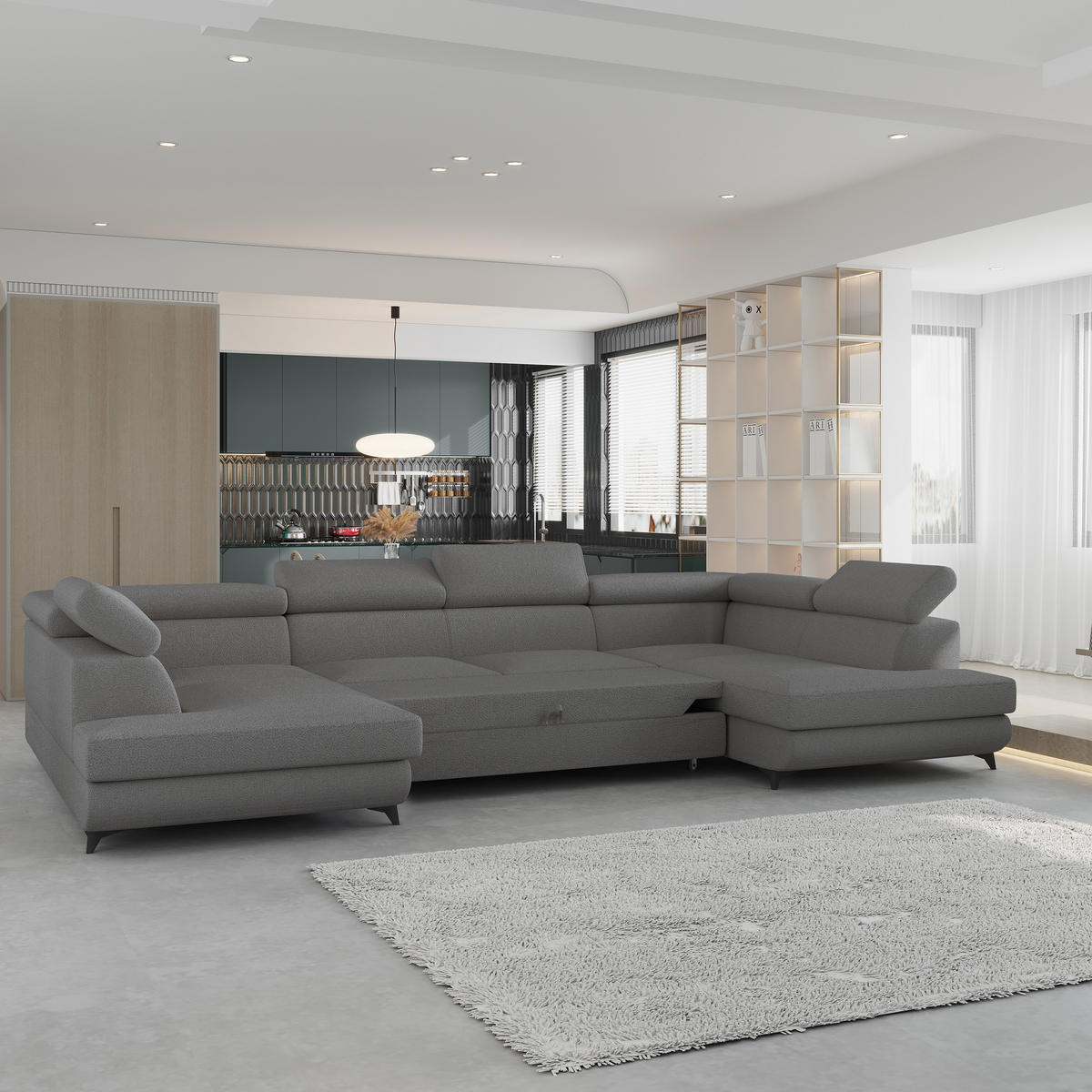 WOHNLANDSCHAFT VINTESSA Grau Boucle-Stoff mit Schlaffunktion - Grau, Holz (323/89/190cm) - MASSENO