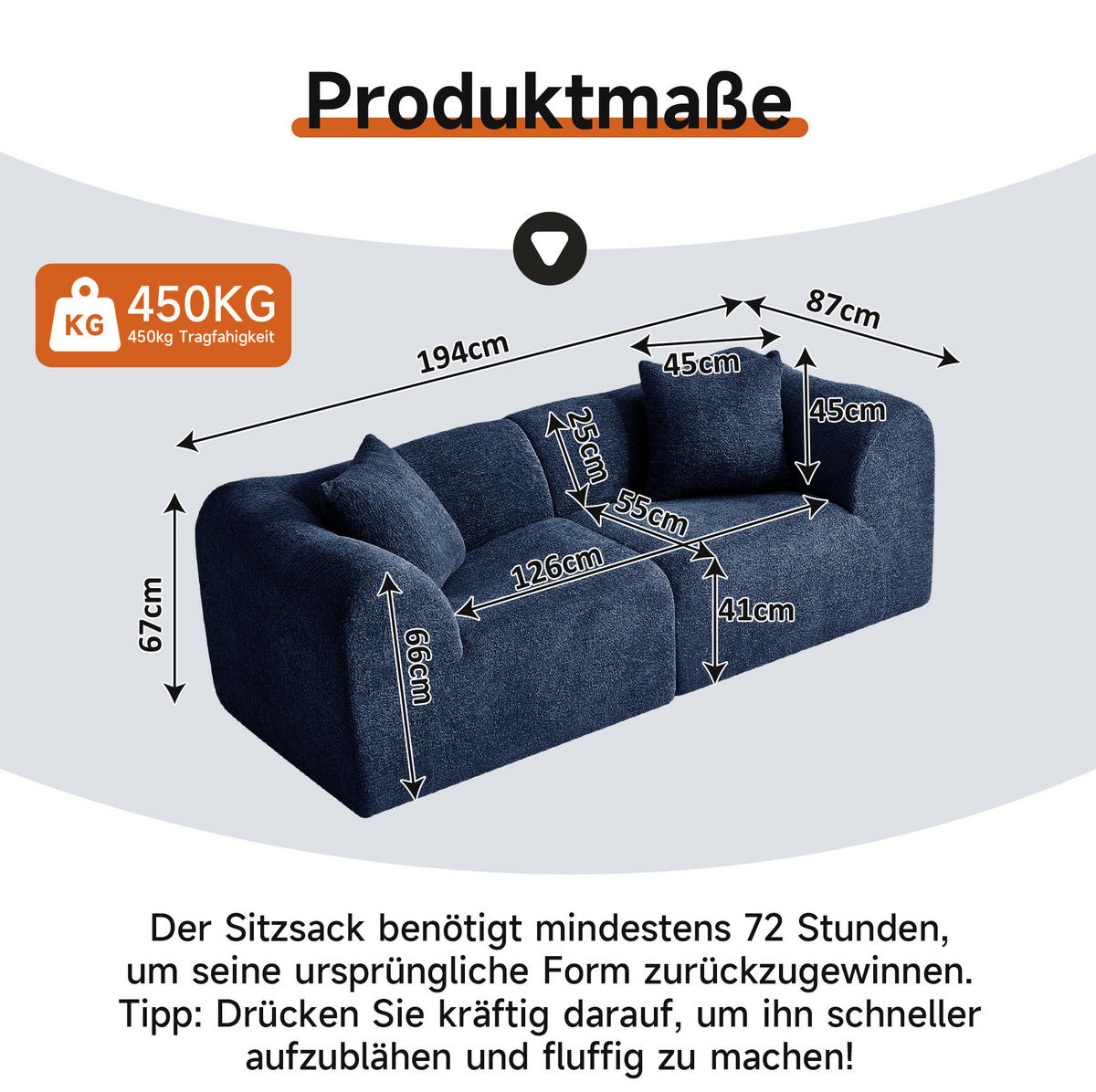 2-SITZER 193/87/67 cm blau aus Samt mit 2 Kissen - Blau, Textil (87/67/193cm) - OKWISH
