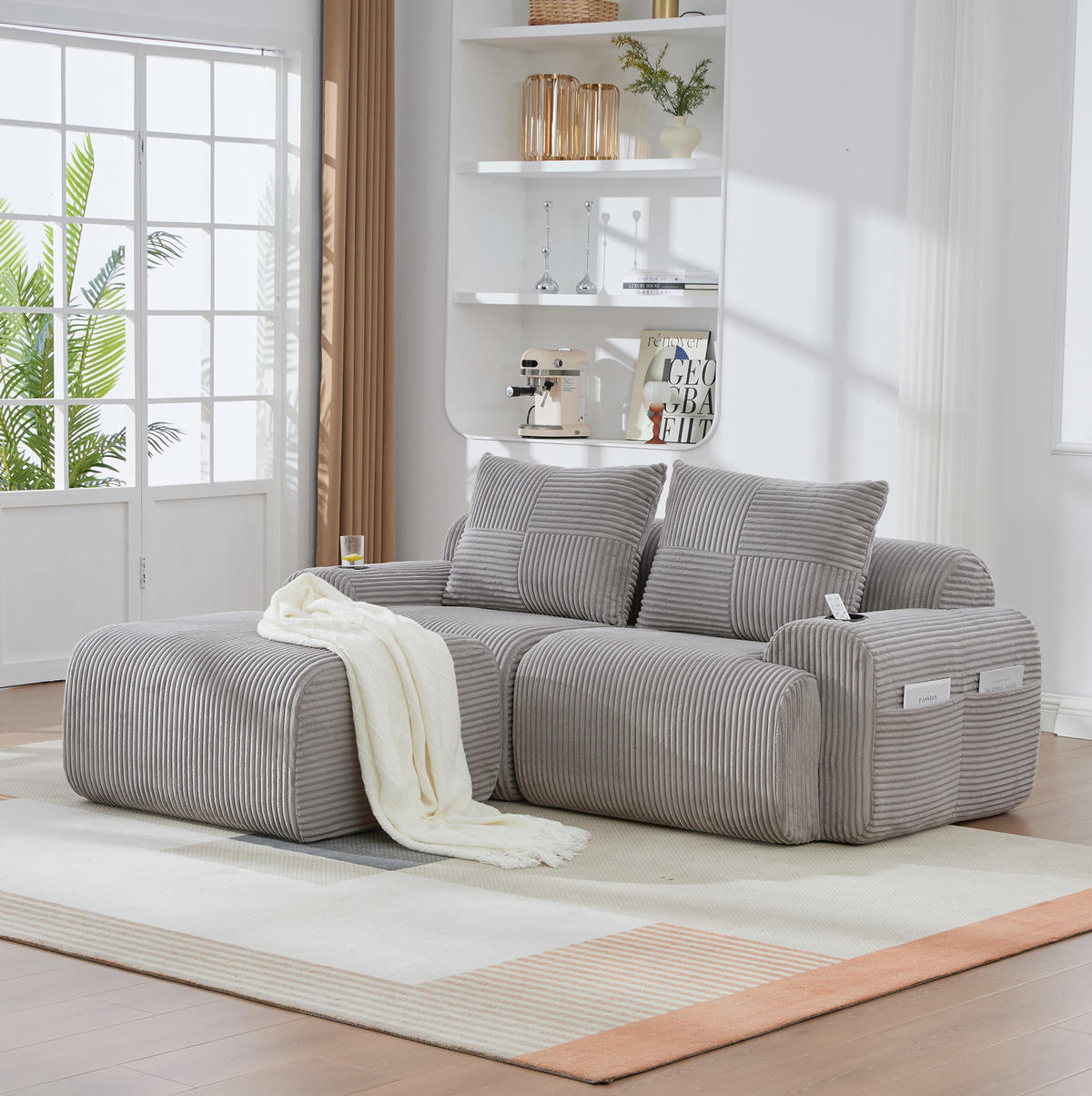SOFA modular 2-Sitzer mit Hockern 200 x 174 cm Cord Hellgrau - Hellgrau, Kunststoff (174/200cm) - Meubliv