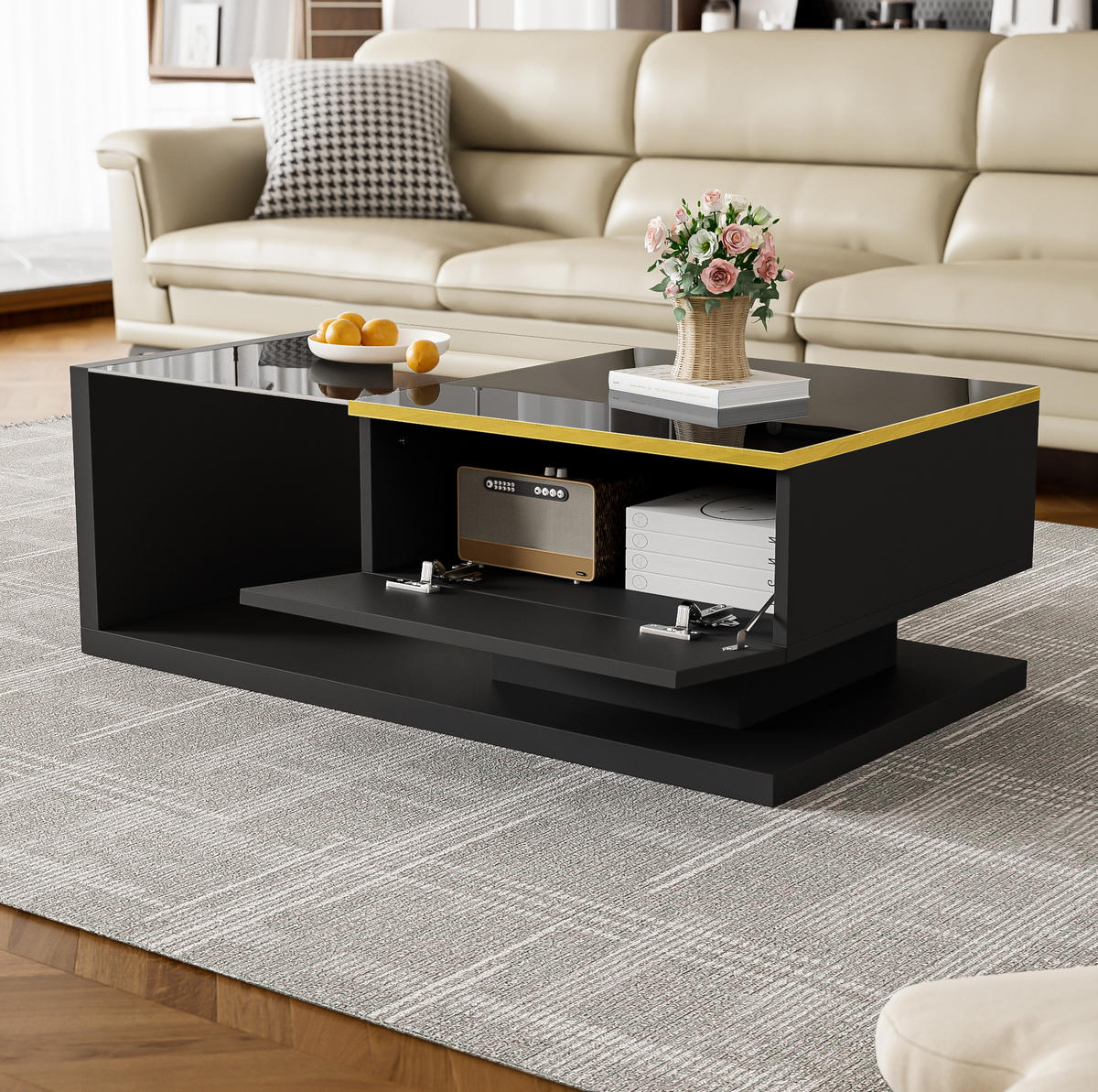 COUCHTISCH 90/50/32,5 cm in Hochglanz-Schwarz mit Glas und LED-Beleuchtung - Schwarz, Holzwerkstoff (90/50/32.5cm) - Flora Grace