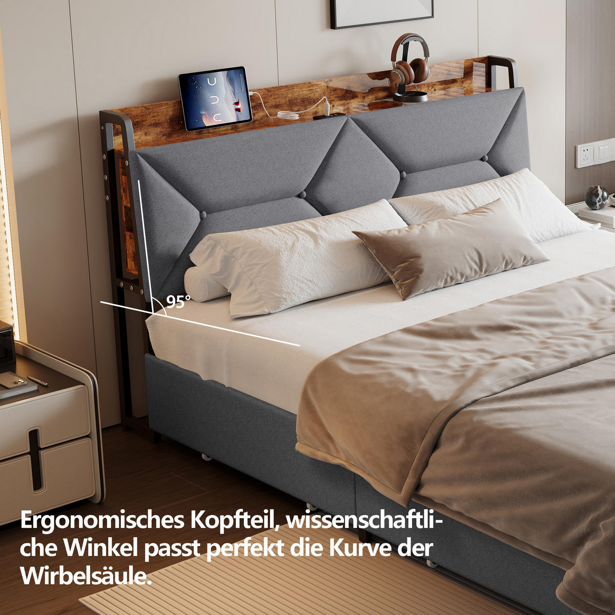POLSTERBETT 140/200 cm mit beidseitigen Stauraumschubladen, separate Holz-Wandablagen mit USB-Anschluss, grauer Leinenoptik-Bezug - Grau, Holz/Metall (140/200cm) - Joyfair
