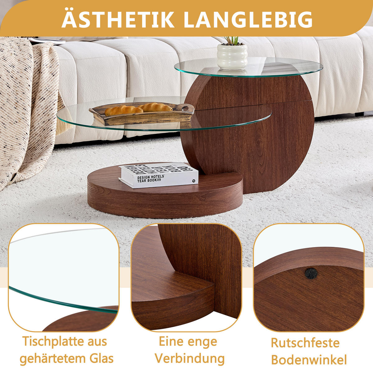 COUCHTISCH in Walnussfarbe Wohnzimmertisch mit zwei Ebenen aus Sicherheitsglas für Wohnzimmer, B90/T70/H44 cm - Transparent/Walnussfarben, Glas/Holzwerkstoff (90/90/44cm) - STILVORA