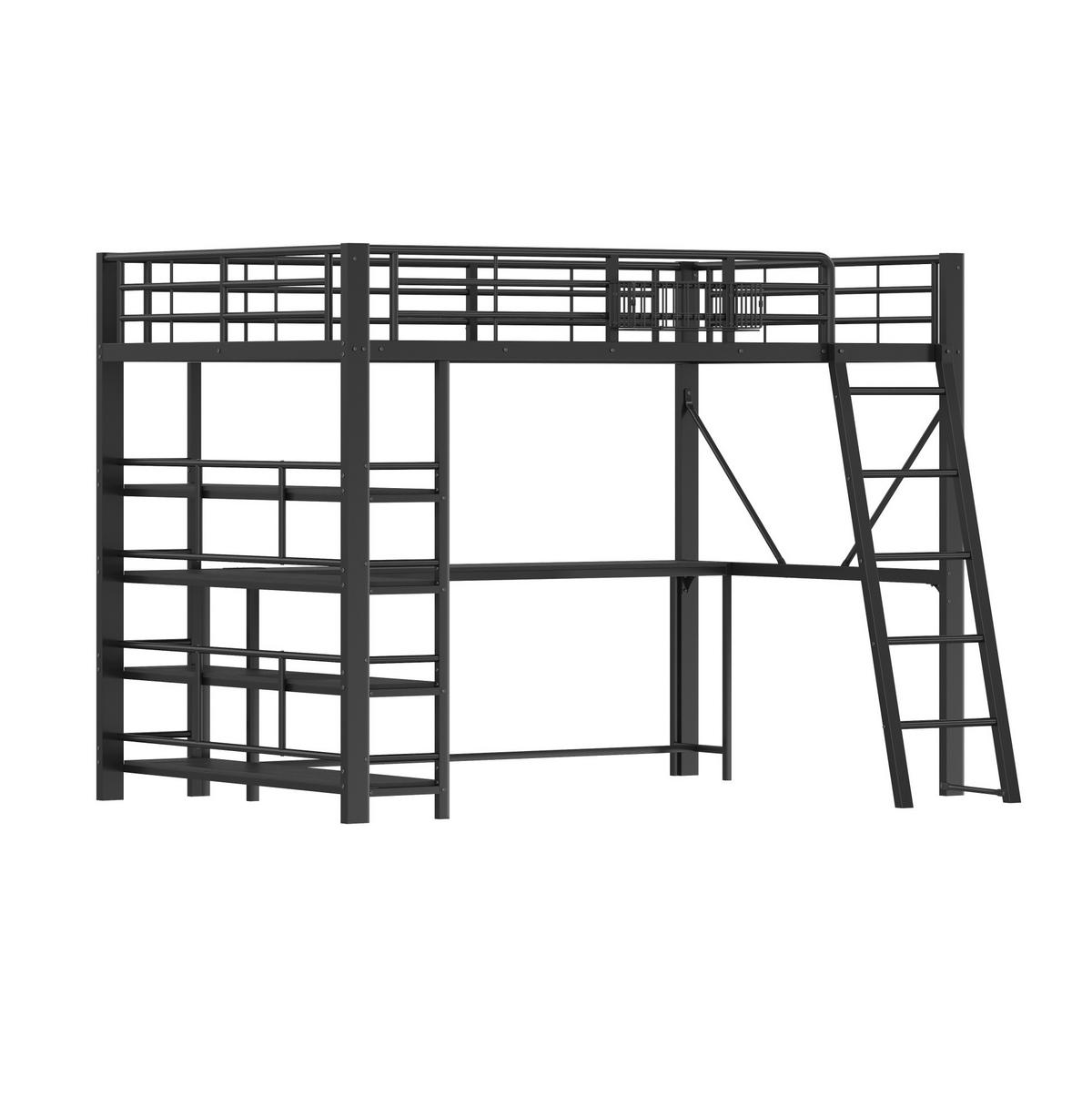 METALL-HOCHBETT aus Metall und MDF 140x200 cm Schwarz mit Schreibtisch, LED und USB-Ladestation - Schwarz, Holzwerkstoff (140/200cm) - Modfu
