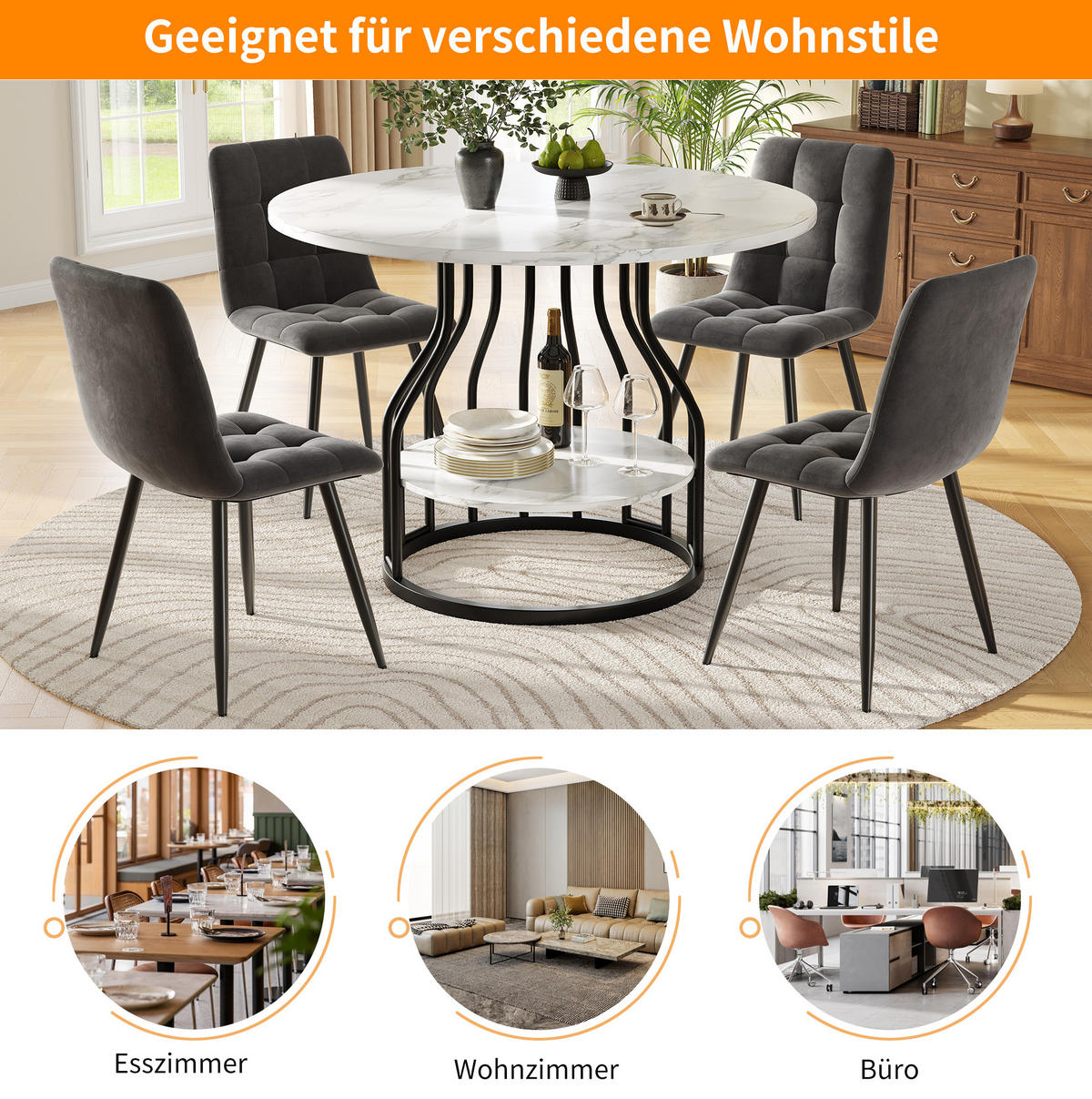 ESSTISCH aus MDF in Marmoroptik mit Ablagefläche, 80/80/76 cm, Schwarz - Schwarz, Holzwerkstoff (80/80/76cm) - Redom