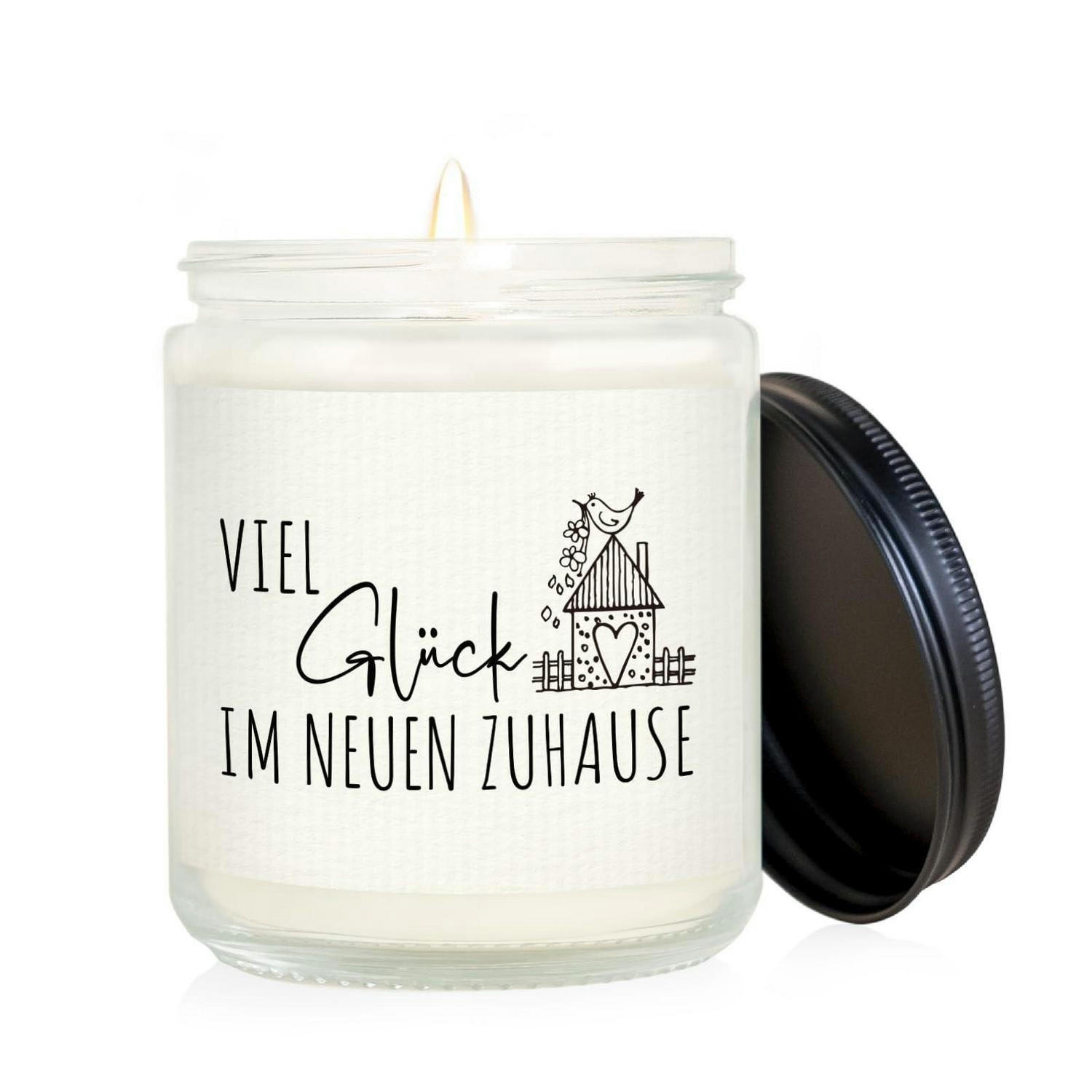DUFTKERZE Einzugsgeschenk Viel Glück im neuen Zuhause Sojawachs 7 oz - Schwarz, Paraffin (9cm)