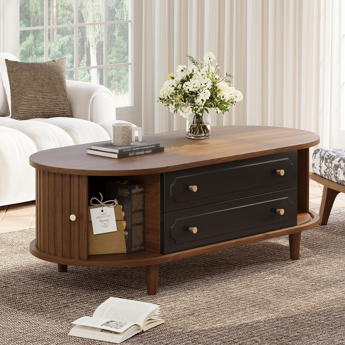 COUCHTISCH 100/50/36 cm Walnussholz Schwarz aus Holzwerkstoff mit 2 Rolltüren und 2 Schubladen - Walnussfarben, Holzwerkstoff (100/50/36cm) - OKWISH