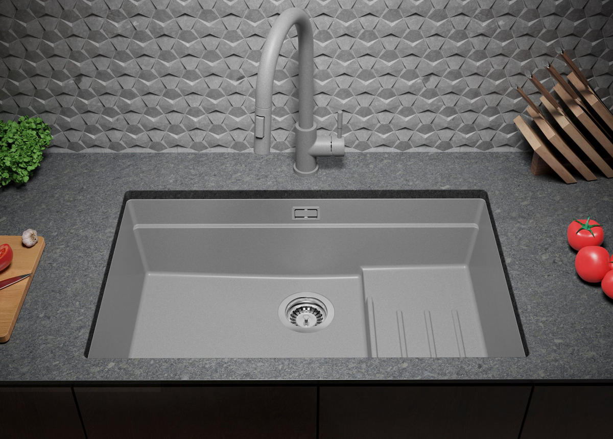 UNTERBAUSPÜLE GRANIT Praga, 2-er set Grau 76/47 cm 1 Becken + Ablauf-Set + Aufrollbare Abtropffläche ab 80er Unterschrank - Chromfarben/Grau, Kunststoff (76/20/47cm) - Primagran