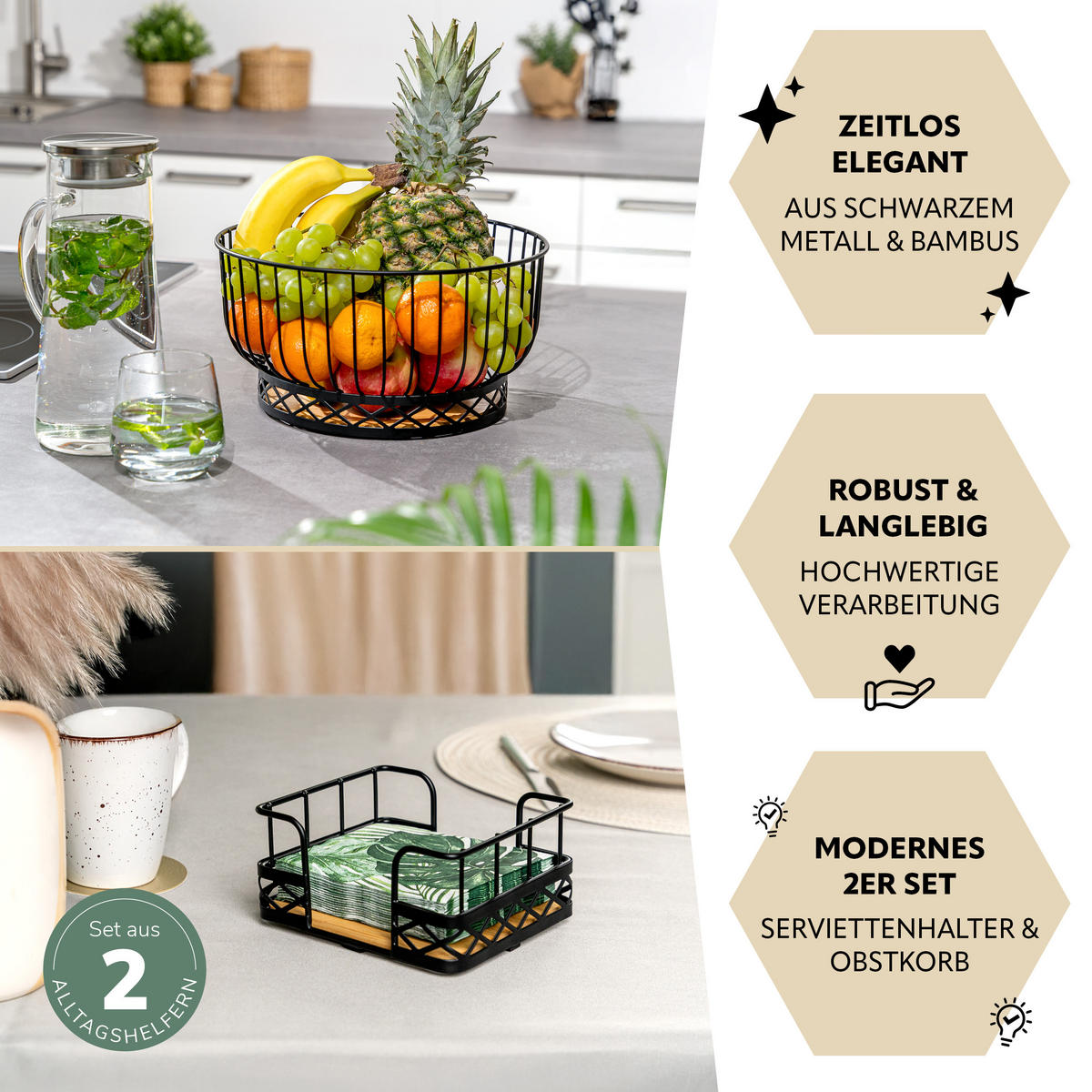 OBSTKORB mit Serviettenhalter, Bambus, Metall, schwarz - Schwarz, Metall (29/15cm) - bremermann
