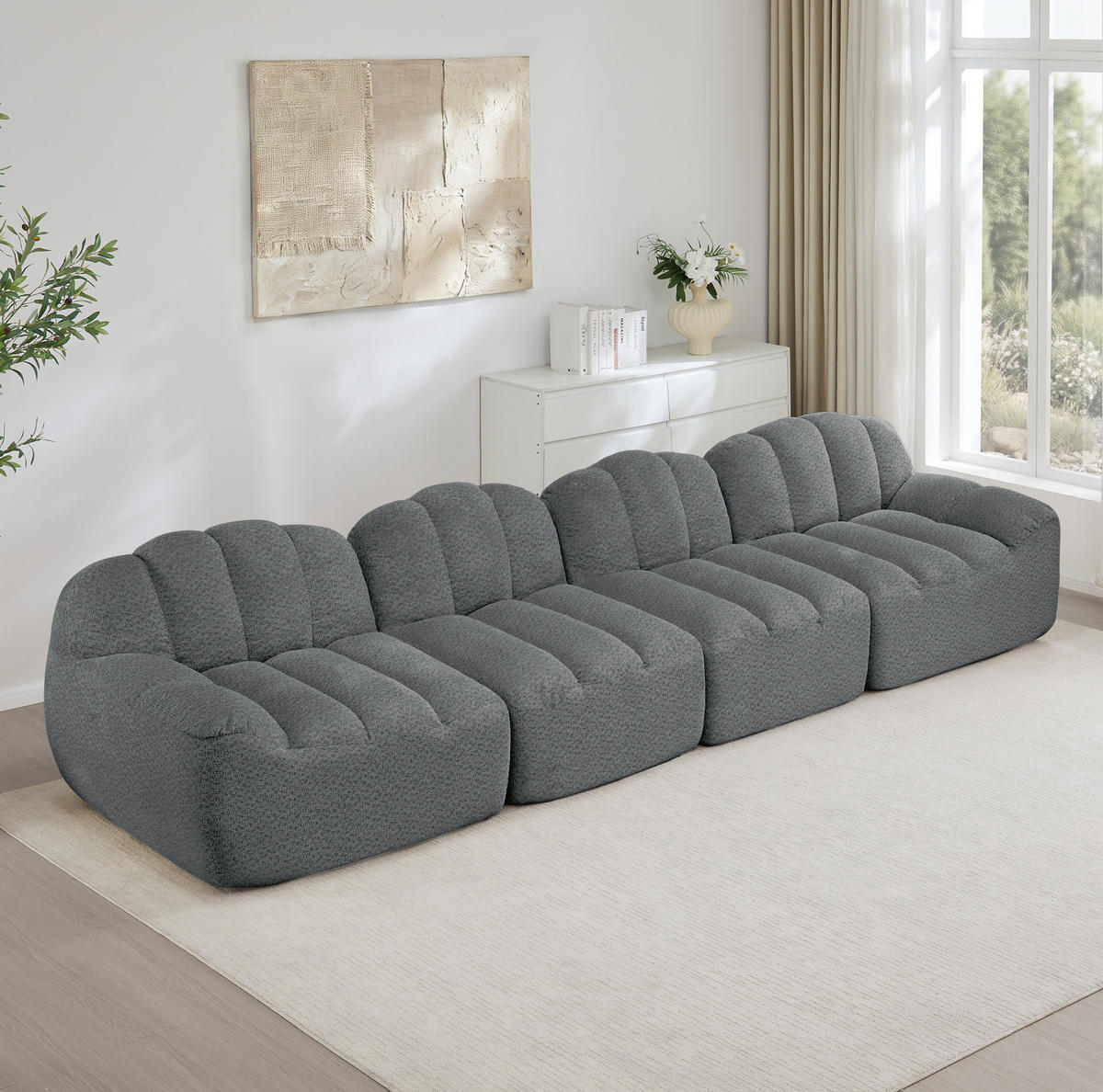 SOFA in Grau aus Granuliertem Fleece mit breiter Sitzfläche - Grau, Textil (104/79/366cm) - Flora Grace
