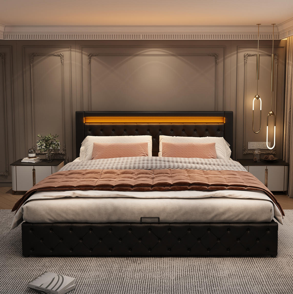 POLSTERBETT aus PU 180x200 cm Schwarz mit Bettkasten, LED-Beleuchtung und Lattenrost - Schwarz, Leder (180/200cm) - IVMEU