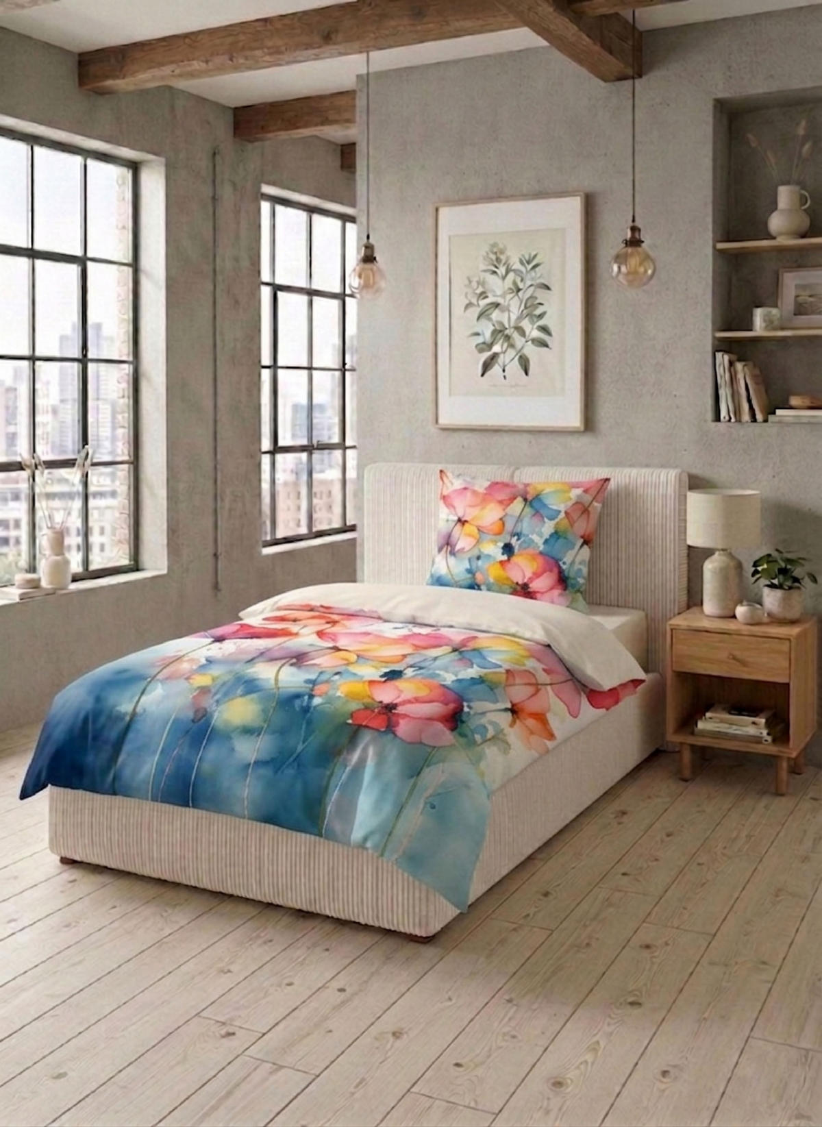 BETTWÄSCHE-GARNITUR Tencel Aquarell Blumen taubenblau, 135x200 cm + 80x80 cm - Blaugrau, Textil (135/200cm) - biberna