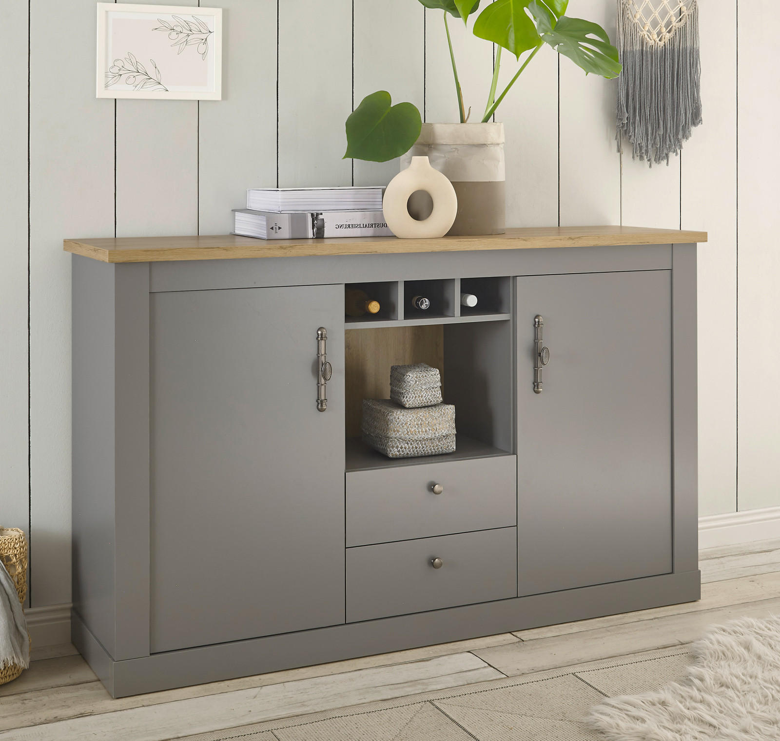 SIDEBOARD grau, Artisan Eiche Landhaus 166 cm, Kommode mit viel Stauraum - Hellgrau/Eiche Artisan, Holzwerkstoff/Metall (166/100/44cm) - Furn.Design