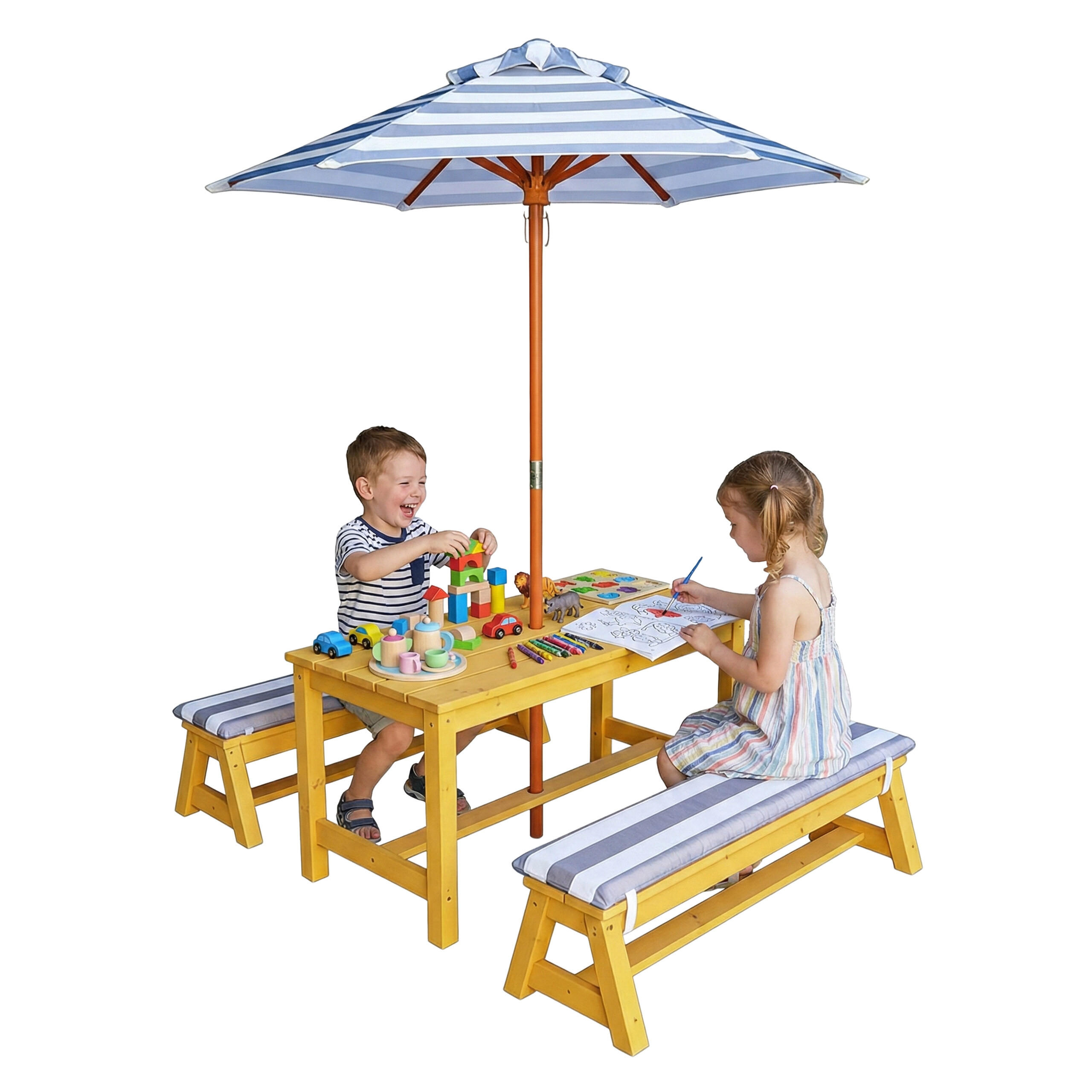 KINDERSITZGRUPPE Orange mit Sonnenschirm - Hellbraun, Holz/Textil - Relaxdays