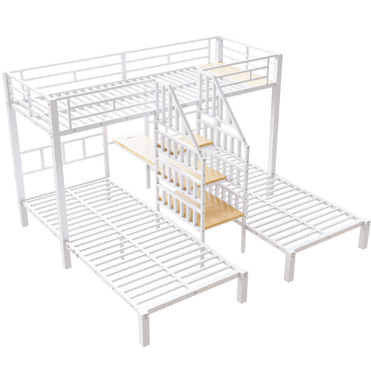 ETAGENBETT 90/200 cm mit 3 Schlafplätzen, LED, USB, Steckdose und Schreibtisch aus Metall/MDF, Weiß - Weiß, Metall (90/200cm) - Redom