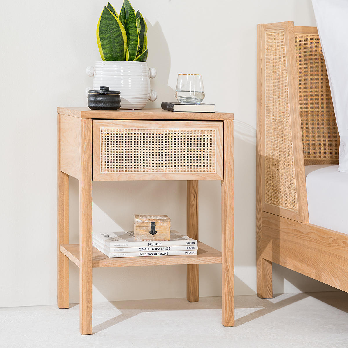 NACHTTISCH - Rattan / Eiche teilmassiv - Beige, Naturmaterialien (45/60/35cm) - home24