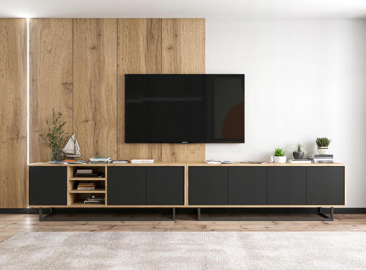 TV-LOWBOARD Apollo Eiche wotan Schwarz Matt 150/53/35 cm - Schwarz, Holzwerkstoff/Metall (150/53/35cm) - Meble Lindner