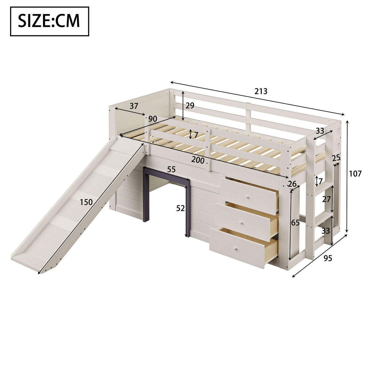 HOCHBETT 90/200 cm creme aus MDF mit Rutsche und Schubladen - Weiß, Holzwerkstoff (90/200cm) - OKWISH