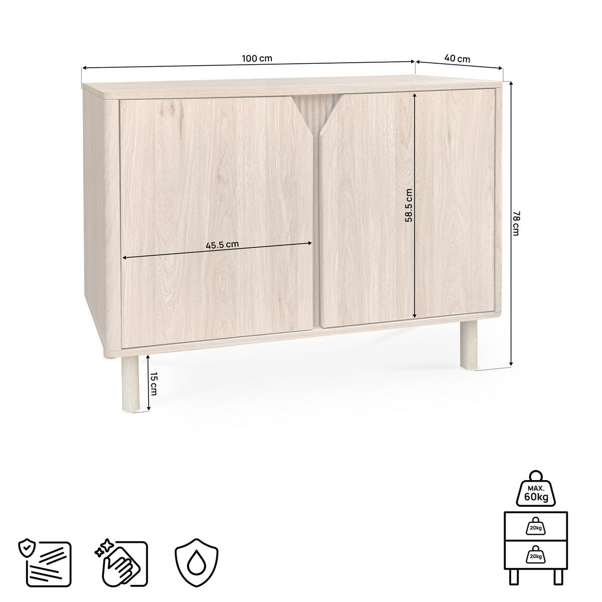 SIDEBOARD Skandinavisches mit 2 Türen, 100 cm, Eichenoptik - SOAN - Beige, Holzwerkstoff/Metall (100/78/40cm) - Sicaan