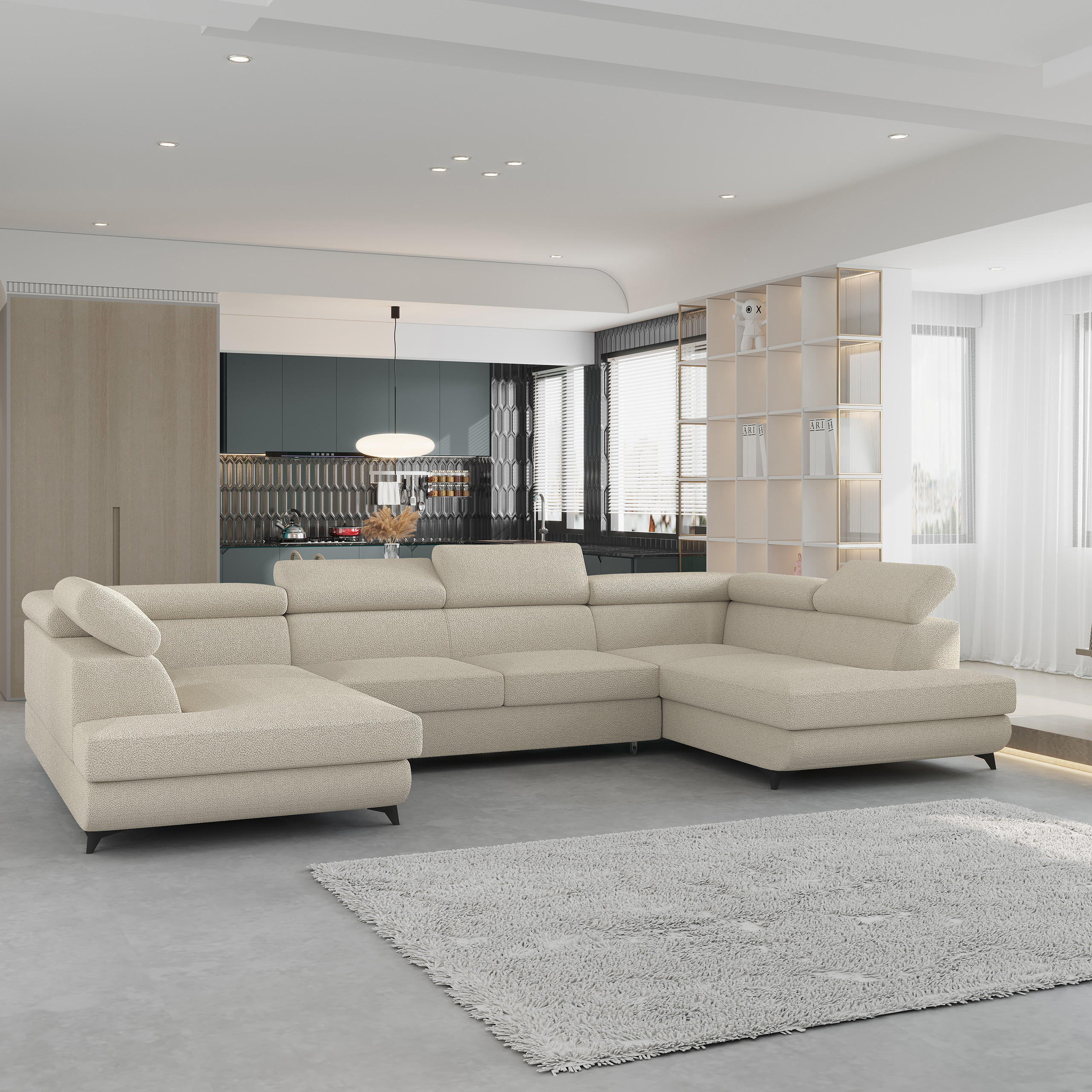 WOHNLANDSCHAFT VINTESSA Creme Boucle-Stoff mit Schlaffunktion - Creme, Holz (323/89/190cm) - MASSENO