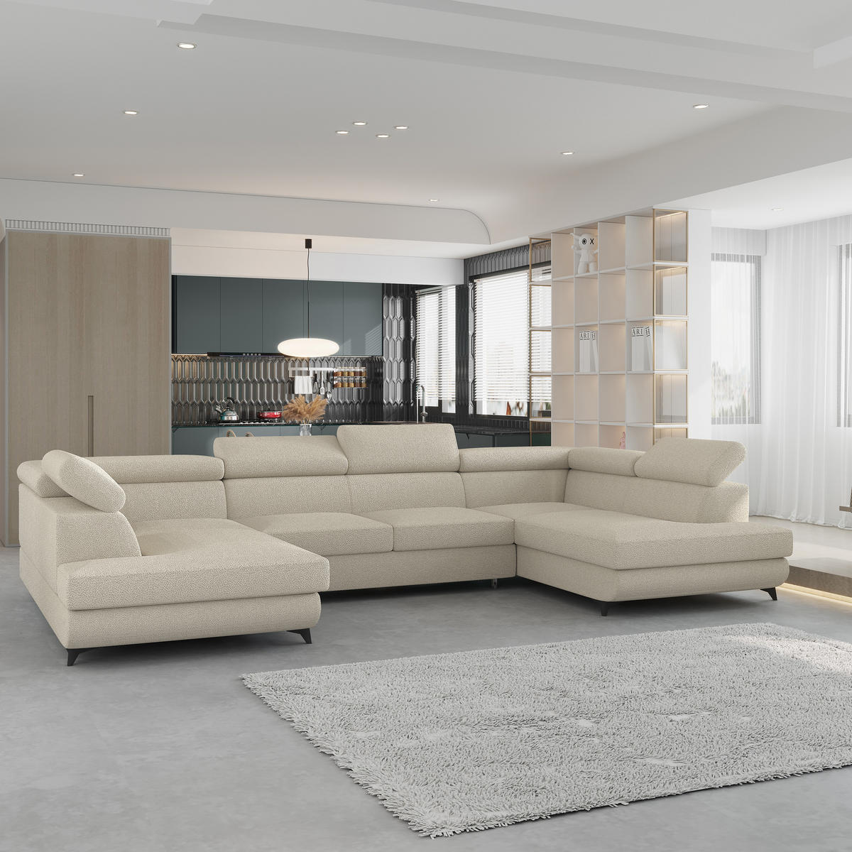 WOHNLANDSCHAFT VINTESSA Creme Boucle-Stoff mit Schlaffunktion - Creme, Holz (323/89/190cm) - MASSENO