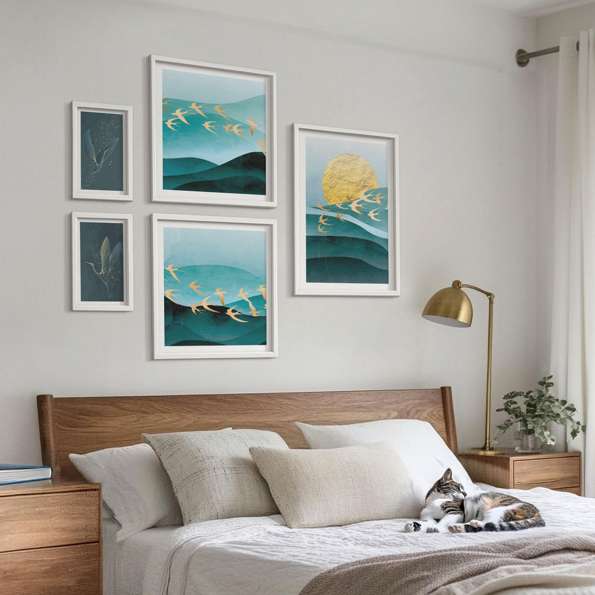 BILDER SET 5er Set - 50x50 cm & 20x30 cm & 40x60 cm Weißer Rahmen - Stilvolle Landschaften mit Vögeln - Weiß, Kunststoff (40/60cm) - TULUP