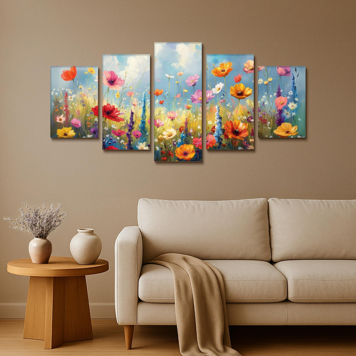 LEINWANDBILD 5er Set Blumen - Frühling - Farbenfroh - Sommerlich 100x50 cm - Orange, Textil (100/50cm) - MuchoWow