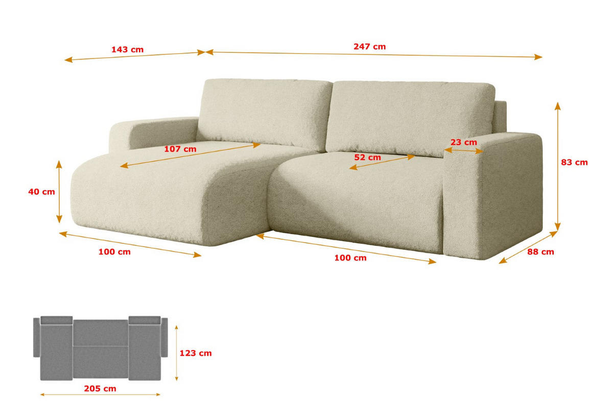 ECKSOFA mit Schlaffunktion und Bettkasten KLEEA-L - 247x143x83 cm Beige Bouclé - Beige/Schwarz, Holzwerkstoff/Kunststoff (247/143cm) - ALTDECOR