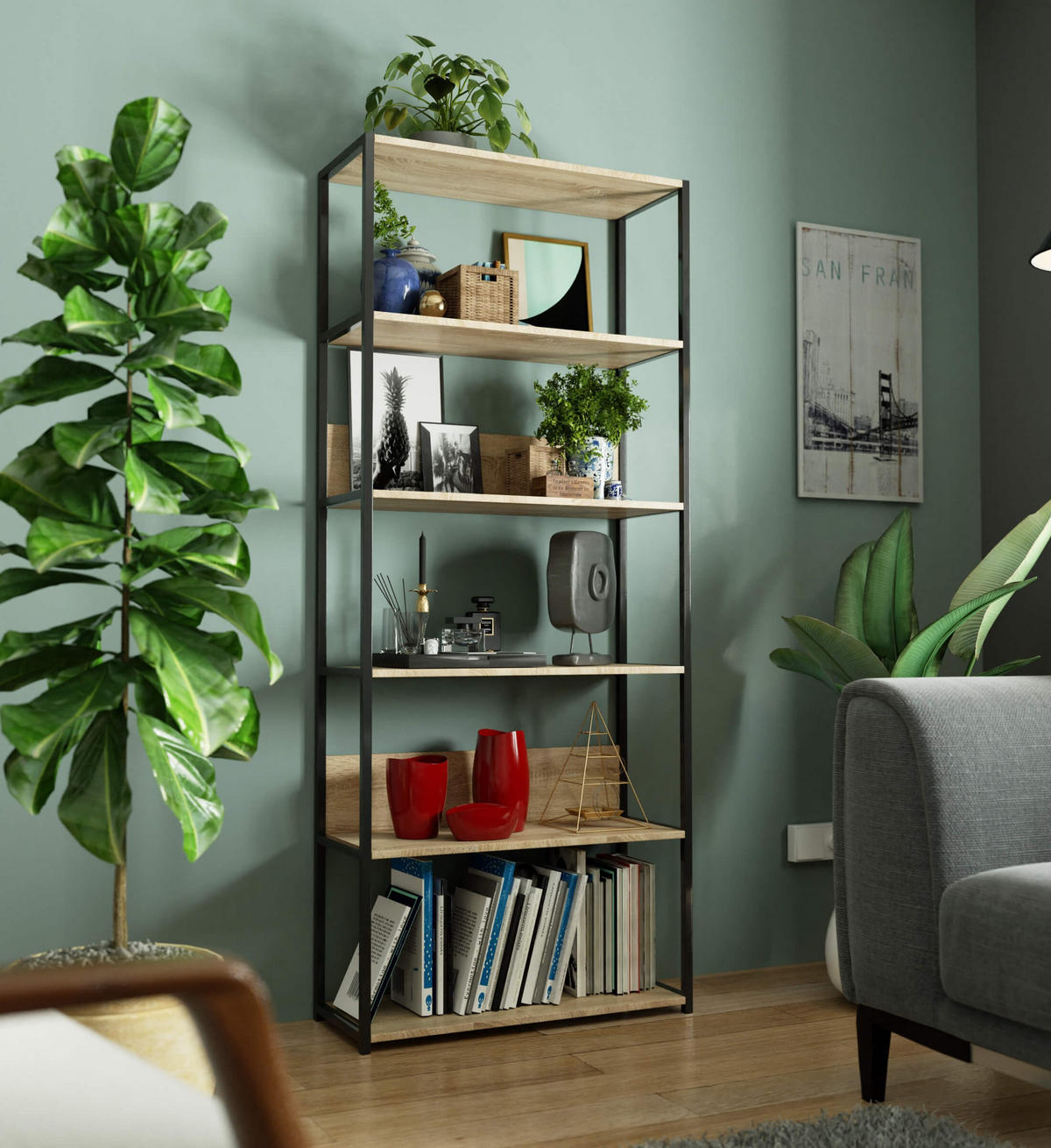 LOFT-REGAL Schwarz, Sonoma Eiche 80x192x32 cm - Schwarz/Sonoma Eiche, Holzwerkstoff/Metall (80/192/32cm) - Akord