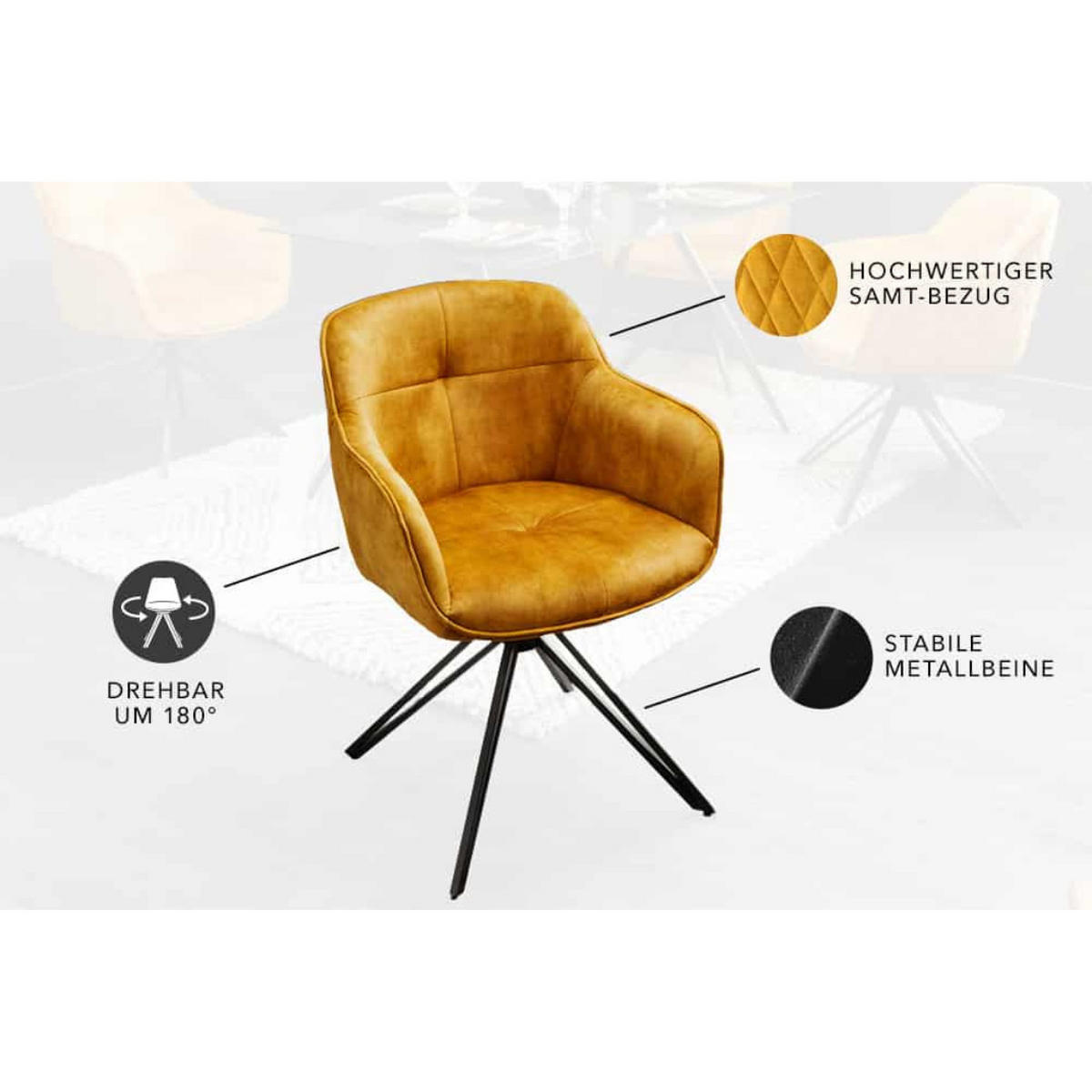 ARMLEHNSTUHL EUPHORIA Samt Senfgelb, Schwarz - Gelb/Schwarz, Textil/Metall (58/82/60cm) - riess-ambiente